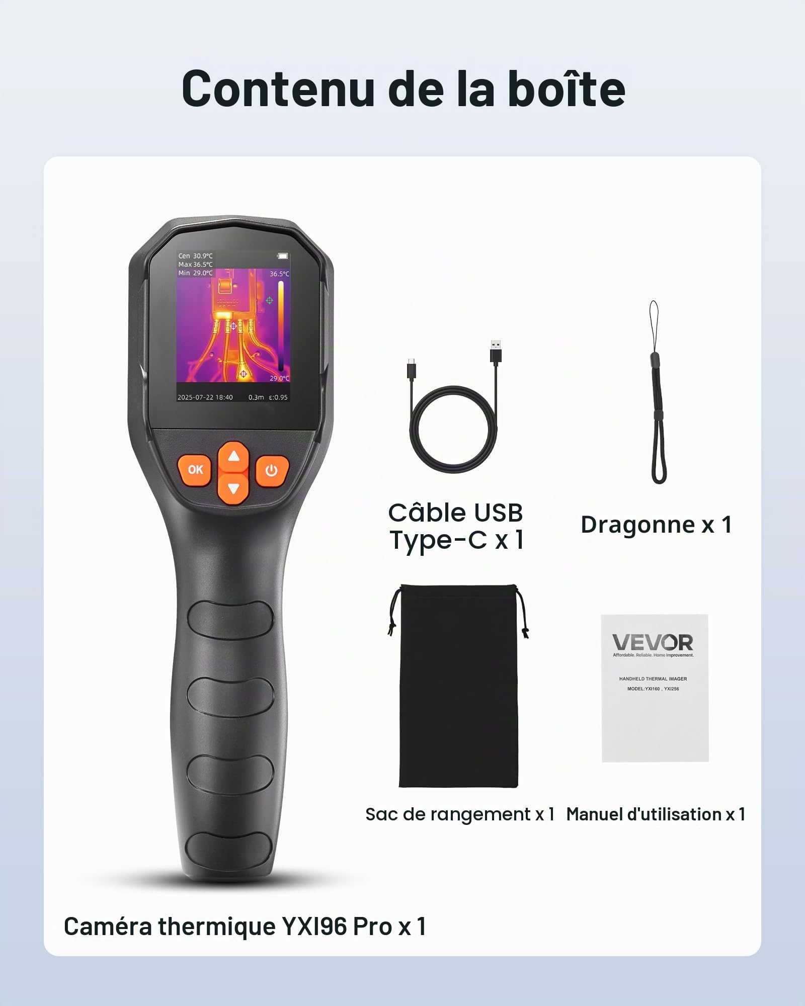 VEVOR Caméra Thermique Résolution TISR 240x180 pixels Imageur Thermique Résolution IR 96x96 pixels Vision 2 Mpx, Fréquence Rafraîchissement 25 Hz, -20 °C à 550 °C, 4 Modes Image, 6 Palettes Couleurs