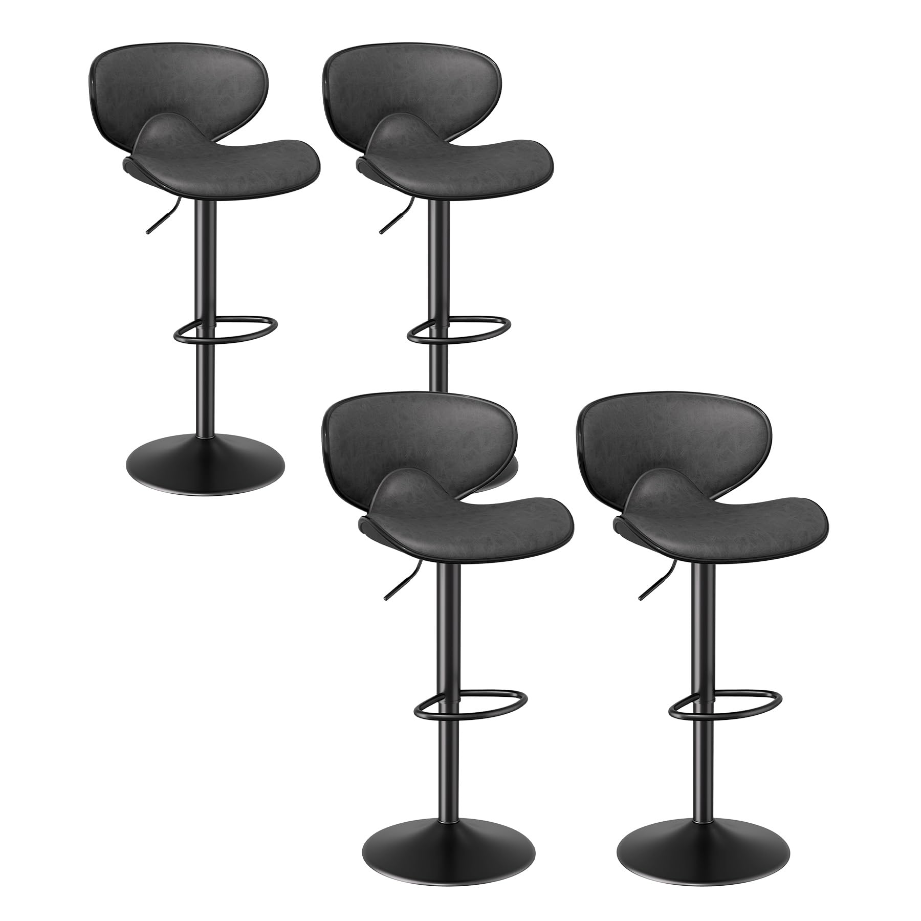 Zelurelle Bar Stools Set of 4, 360° Swivel Counter Height Barstools Adjustable Height, Leather Upholstered Bar Chair with Backrest and Footrest for