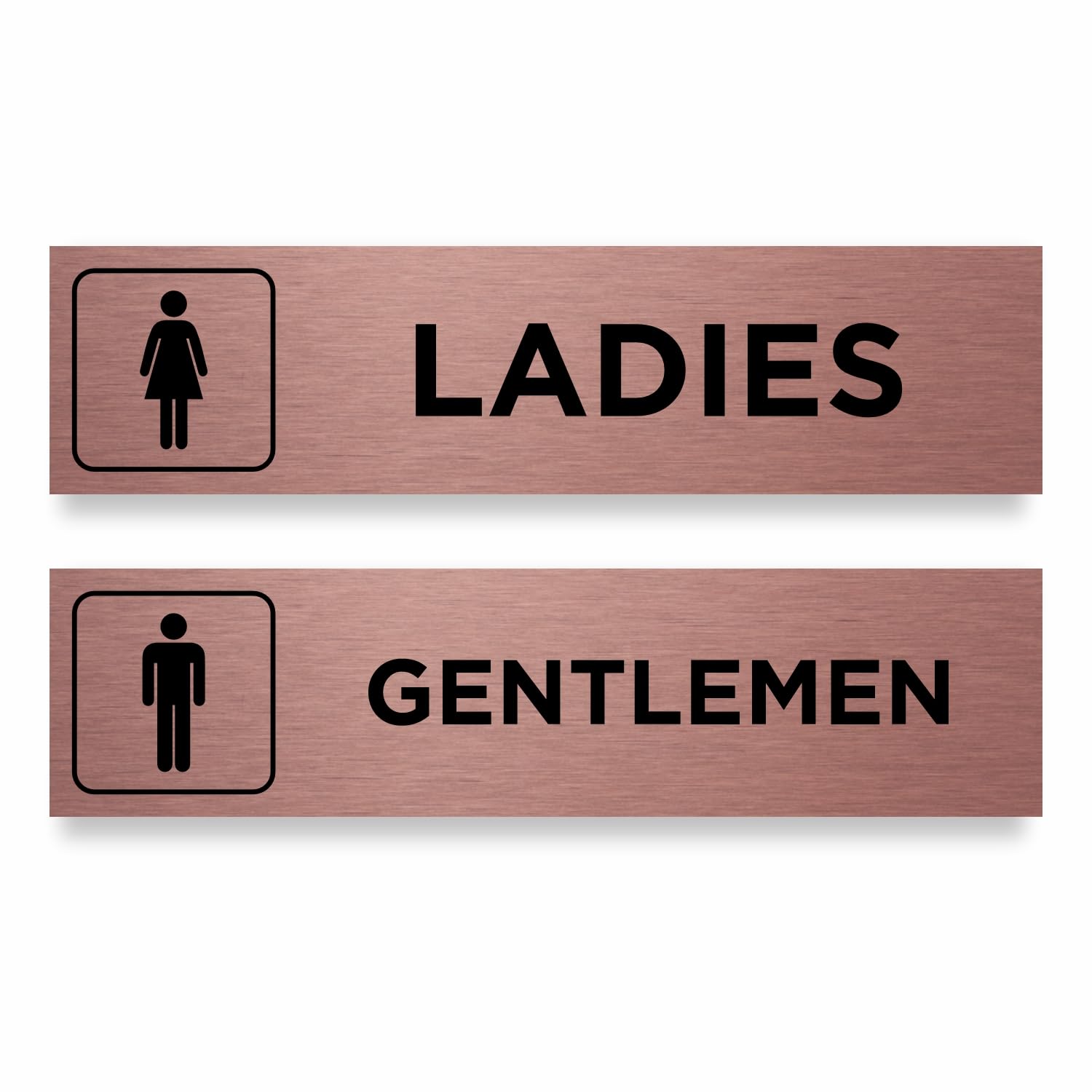 Slimline Aluminium Toilet Door Signs Twin Pack from ViroDisplay® - Gentlemen & Ladies Symbols - Brushed Copper - 200 x 50mm - Durable Printed Surface - Self-Adhesive Fixing