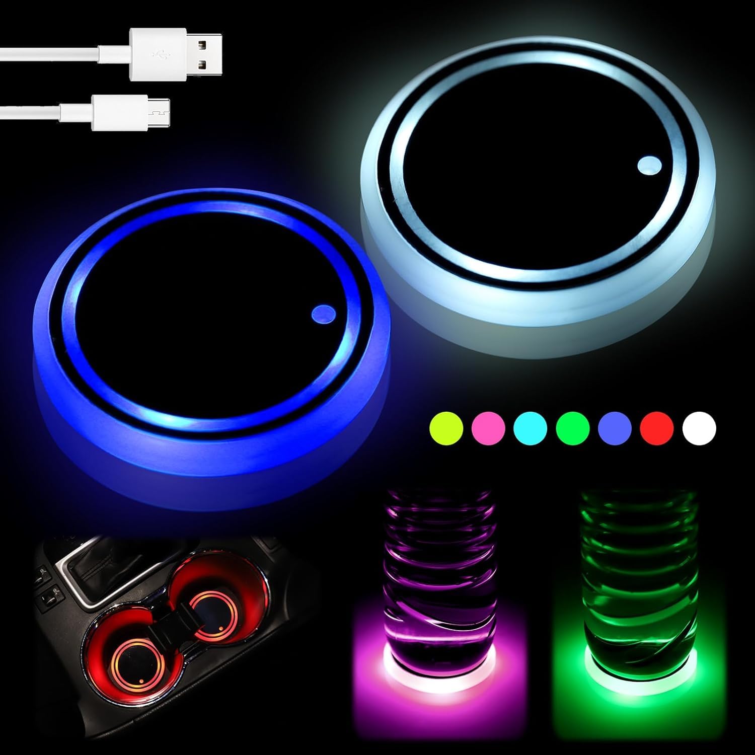 ZHANGX 2pcs LED Car Coasters for BUICK Verano Sedan 2018-2022, with 7 Colors Luminescent Coaster, USB Charging, Car Gadgets Decoration Atmosphere Light.,A