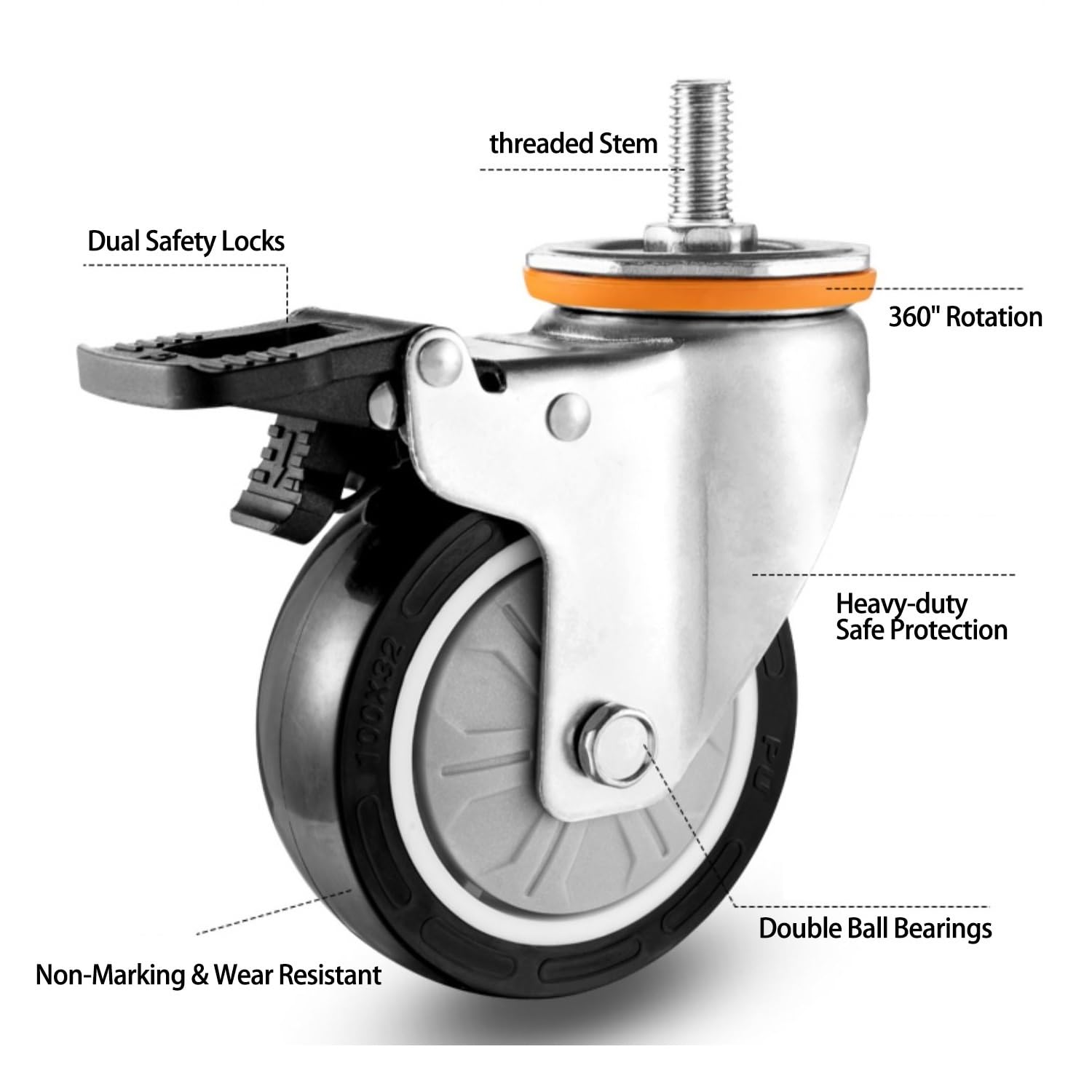 M14/16 Rotelle Girevoli con Perno Filettato, Set di 4 Ruote Pivotanti in Poliuretano, 75mm Rotelle for Mobili, Pesanti Ruota con Bloccaggio Totale for Carrello, Industriali Rotelle(With Brake