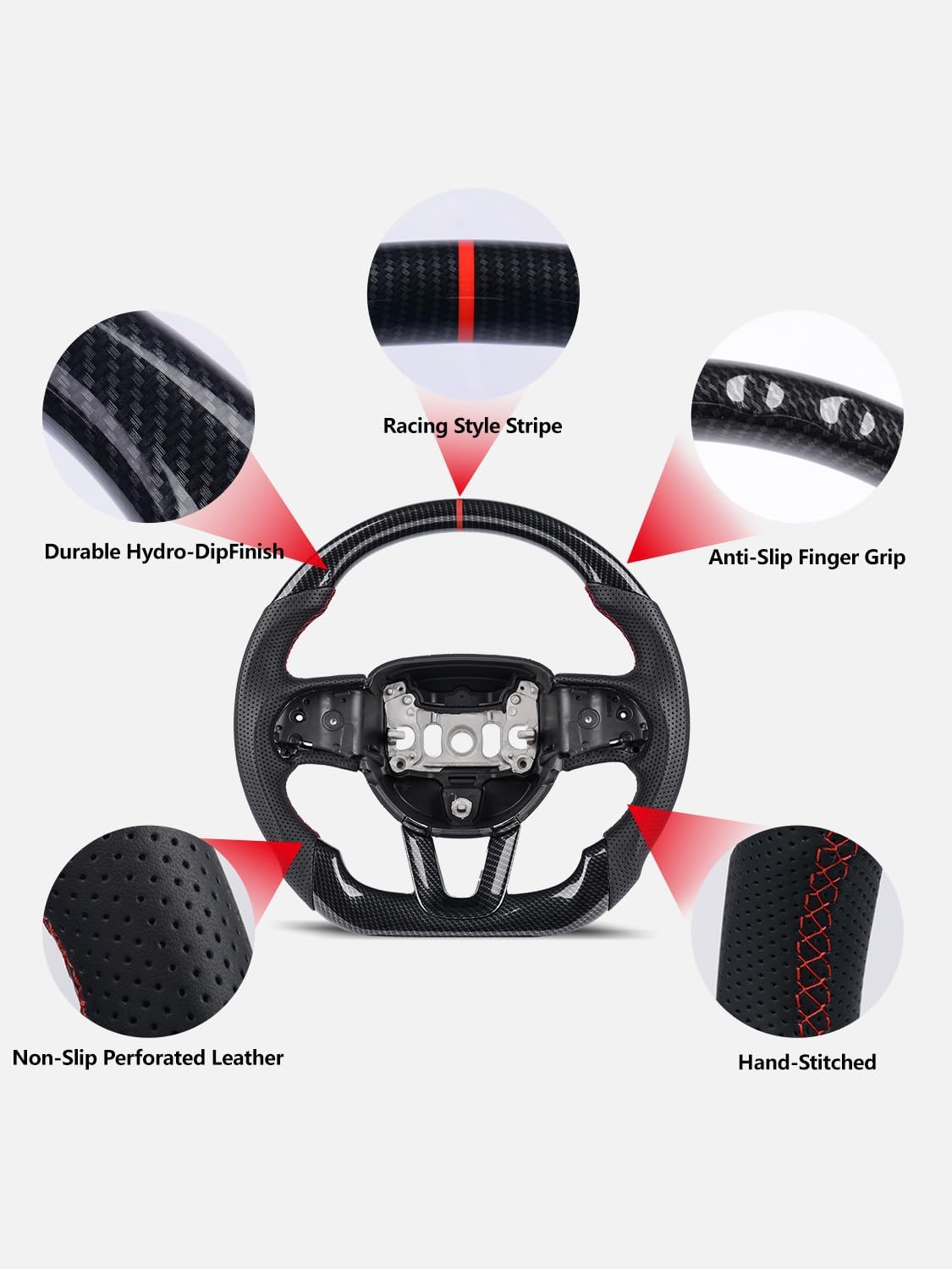 Hydro-Dip Carbon Fiber Steering Wheel for Dodge Charger Challenger 2015-2023, Durango 2014-2020, Red Stitching Flat Bottom Sport Grip Replacement, Fits SXT GT RT SRT, Non-Heated