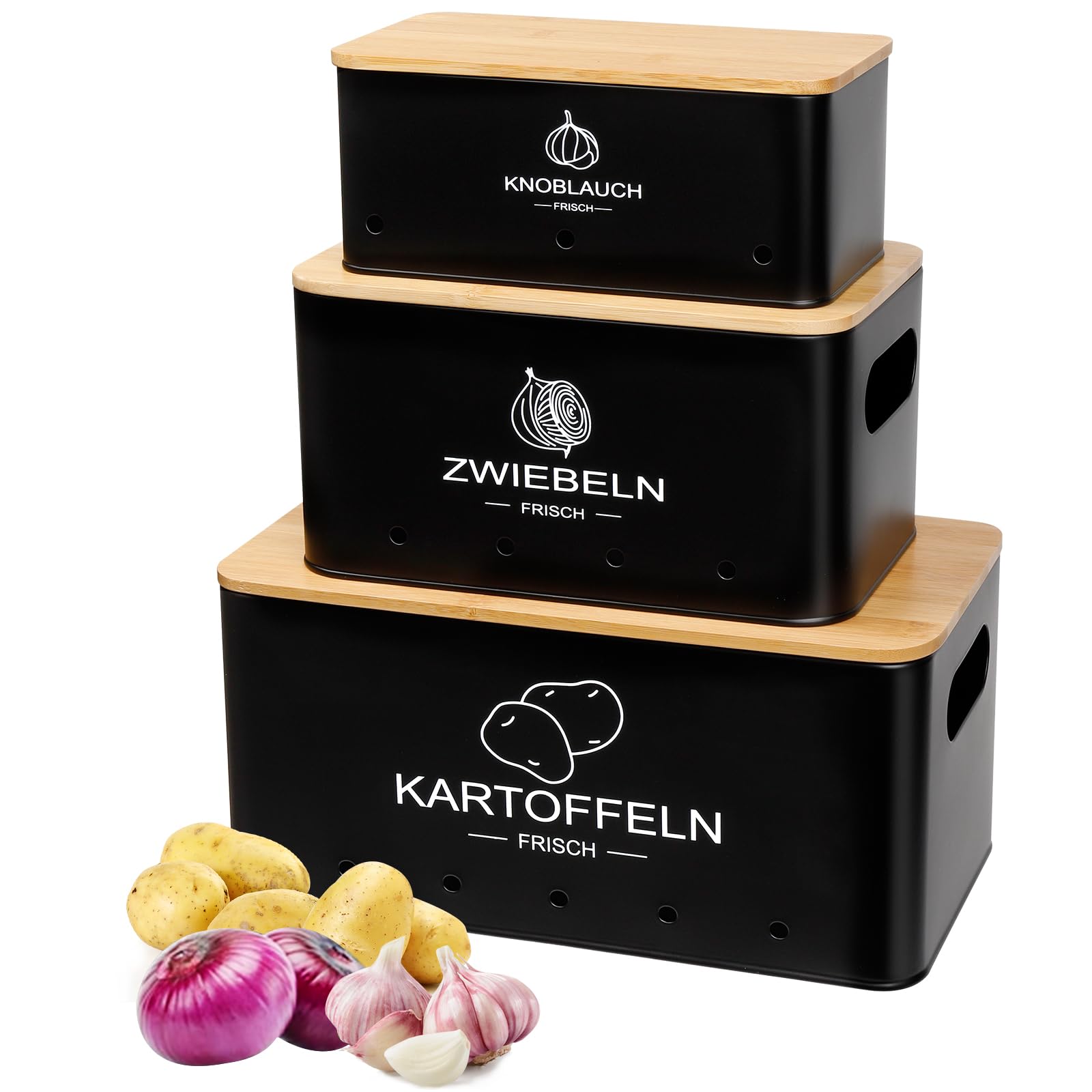 Avmvnvc Kartoffel Aufbewahrungsbox - 3er Set Kartoffel Zwiebel Knoblauch  Aufbewahrung - Zwiebeltopf Kartoffelbox Knoblauchtopf - Hlt Gemse Lnger  Frisch (Schwarz, Rechteckig) : Amazon.de: Kche, Haushalt & Wohnen