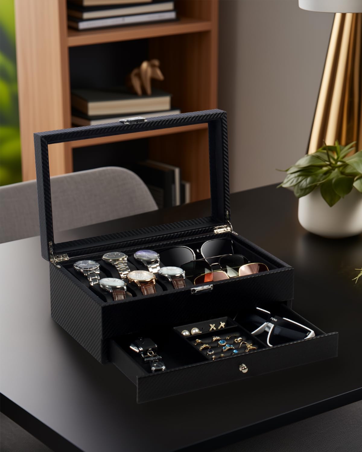 Caja de reloj, caja de reloj con 6 ranuras, organizador de gafas de 3 compartimentos, joyero para hombre con tapa de cristal transparente, doble capa con cerradura de llave, regalo, color negro