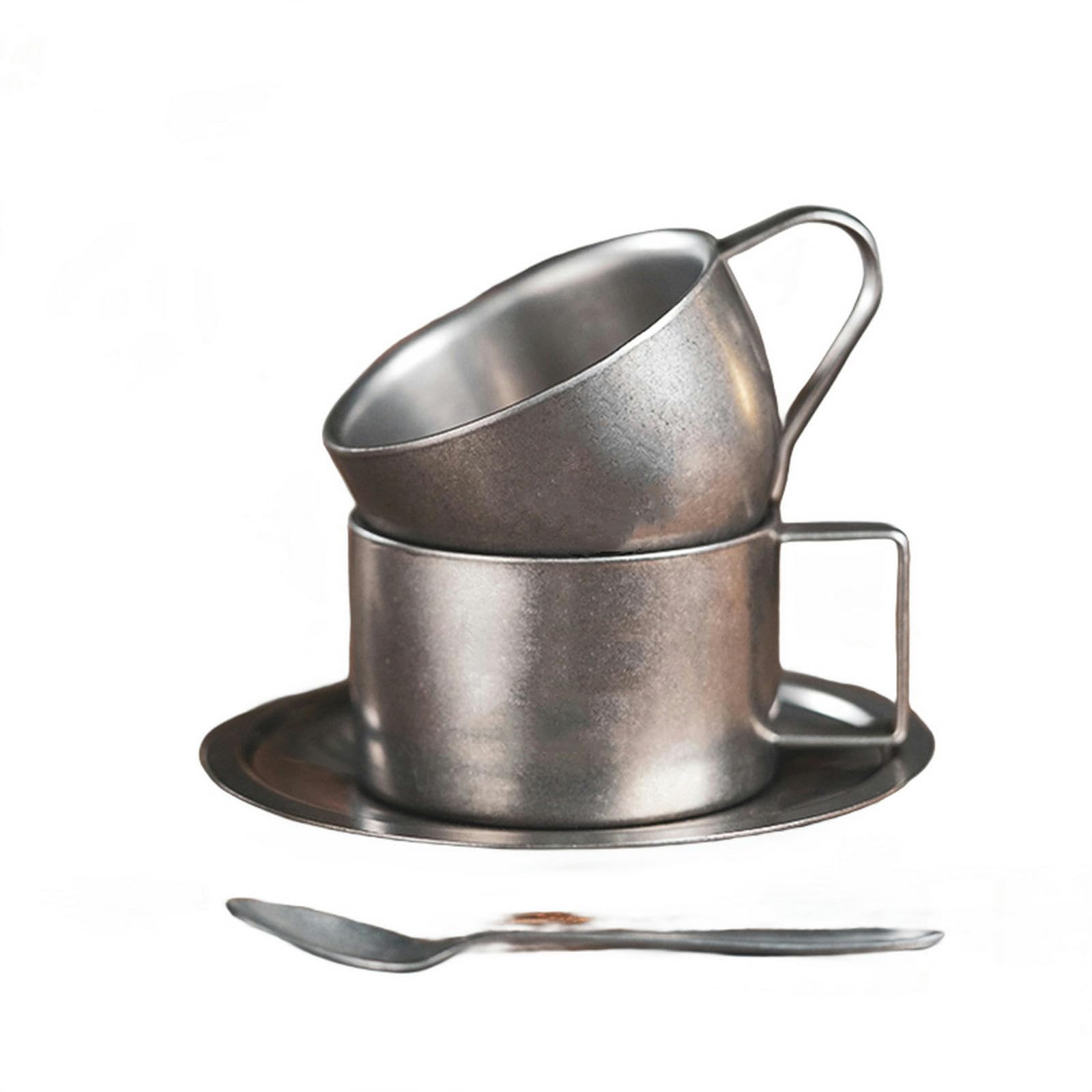 MdybF Edelstahlbecher Retro -Serie Kaffeetasse Set Doppelwand 304 Edelstahl Mit Kaffeelöffel Kaffeescheibe Frosted Industrial Style Tea Tasse Set