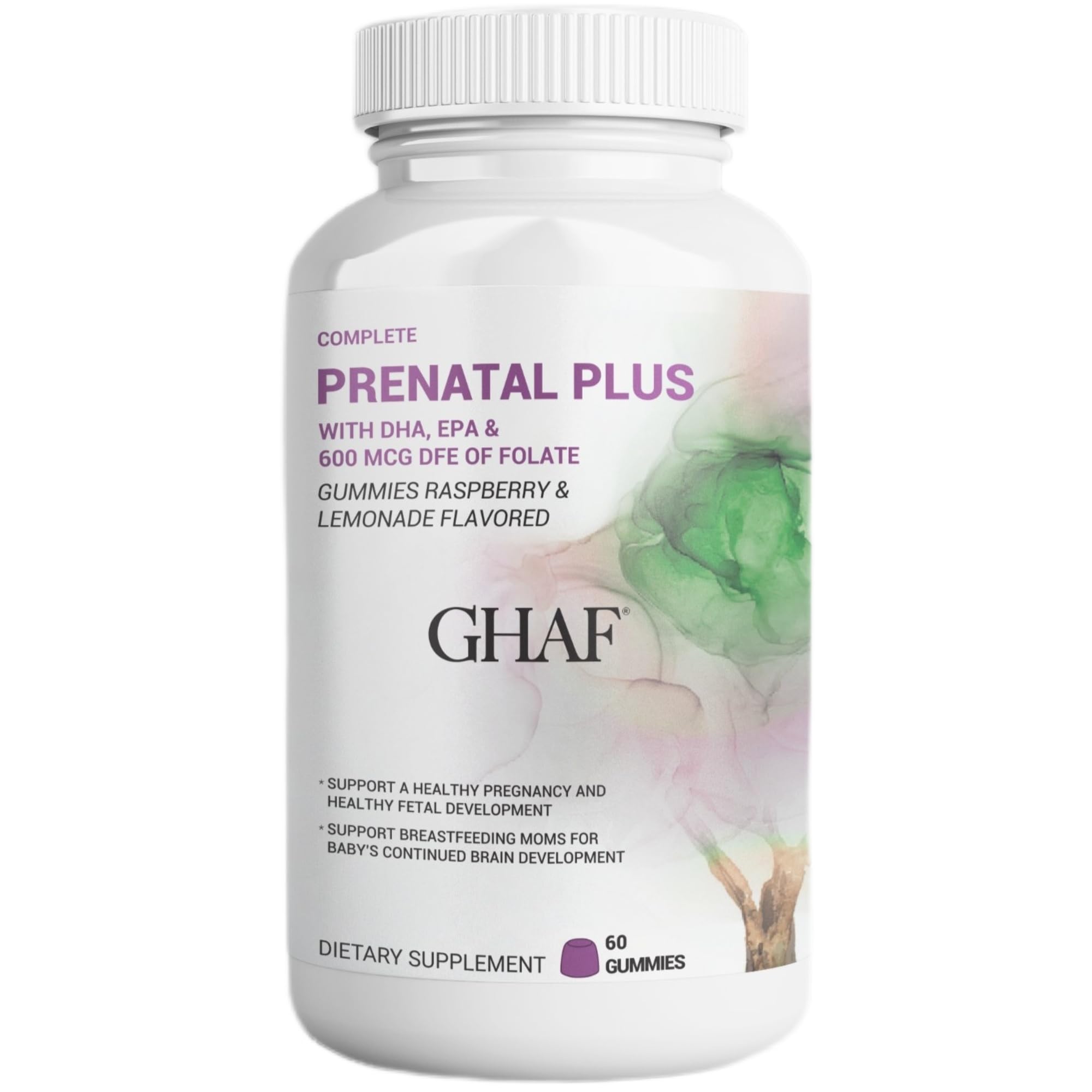 GHAFComplete PRENATAL PLUS, 60 Gummies - Prenatal Multivitamin Gummy, with DHA, EPA & 600 MCG DFE, Vitamin A, C, D, &E, Chewable Supplement, Raspberry & Lemonade Flavor, Non-GMO - 60 Count Pouch