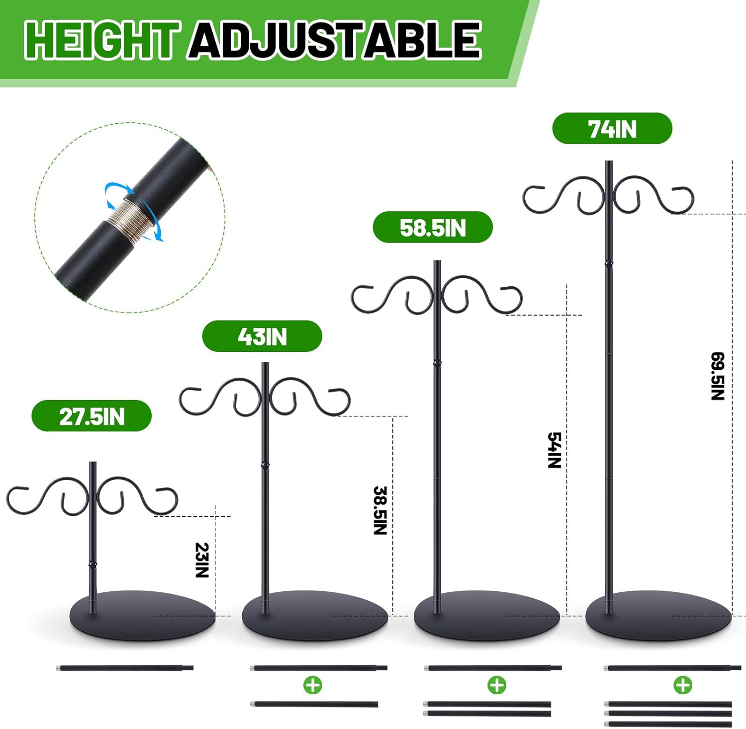 Zonon 1 Pack 28-74 Inch Adjustable Shepherds Hook Stand for Hummingbird Feeder, Potted Plants, Wind Chime, Lanterns, Wreath Pole with Base Plate & Water Bag for Indoor Outdoor Hanging Hook (Stylish)