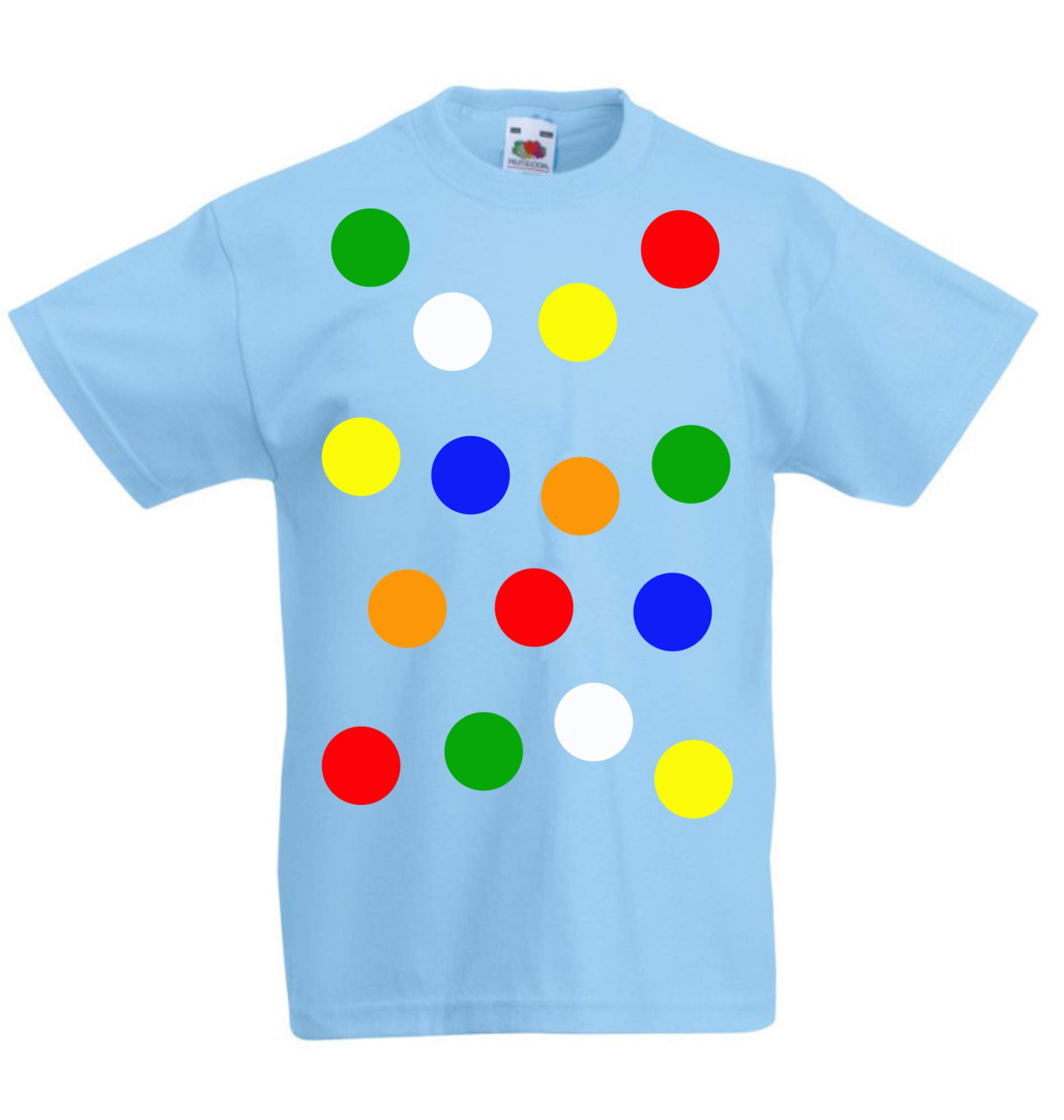 Zappatee Sky Blue Children's Spotty Dotty T Shirt. Light Blue With Coloured Spots. M