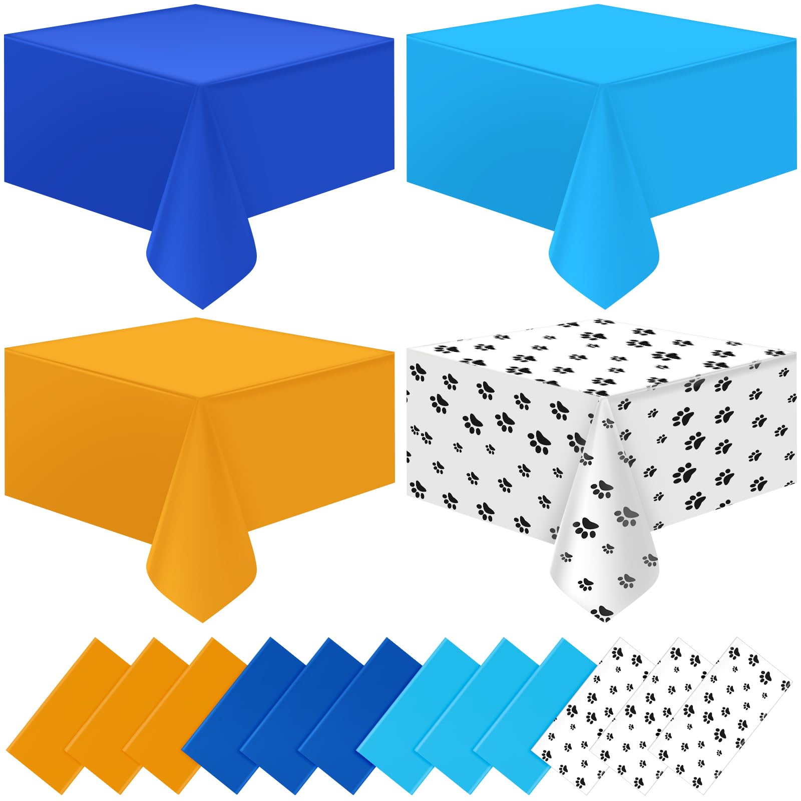 MASHAN 12 Pack Paw Print Plastic Tablecloths,Blue Orange Puppy Table Cloth Disposable Rectangle Table Covers for Kids Birthday Party, Dog Puppy Birthday Party Decorations and Supplies, 108 * 54inch