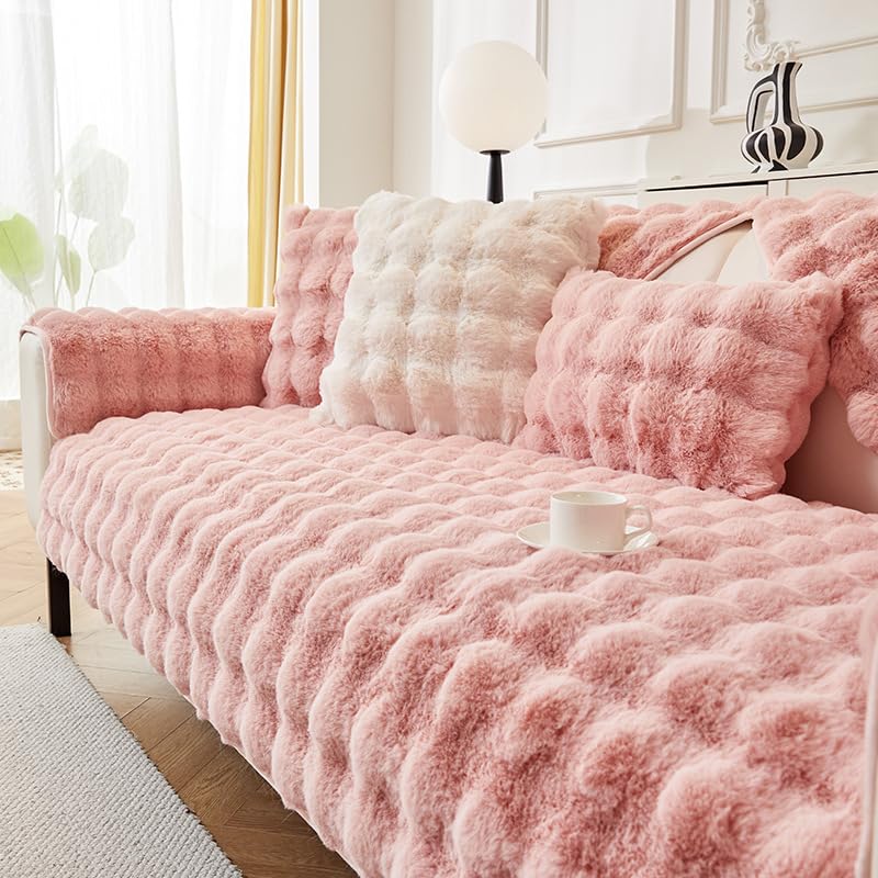 Housse de canapé en peluche de lapin fausse fourrure rose pour salon