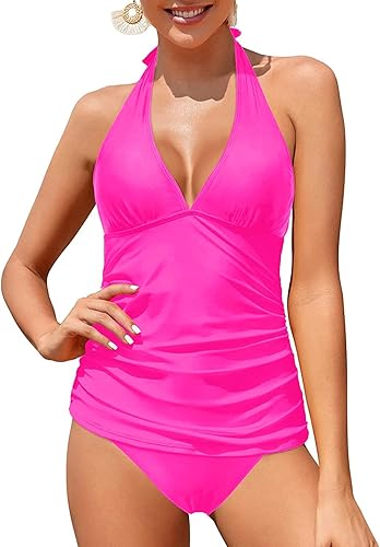 Miniatura 2 de Holipick Trajes de baño tankini de dos piezas para mujer, trajes de baño con control de abdomen, sexy cuello en V, parte superior tankini halter con