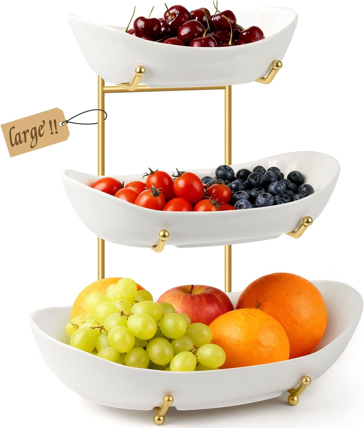 Fruit Bowl for Kitchen Counter Large, 3 Tier Ceramic Fruit Basket with Metal Stand, Tiered Fruit Stand for Countertop, Modern Multi Serving Bowl for Party Dessert, Vegetable, Snack (White)