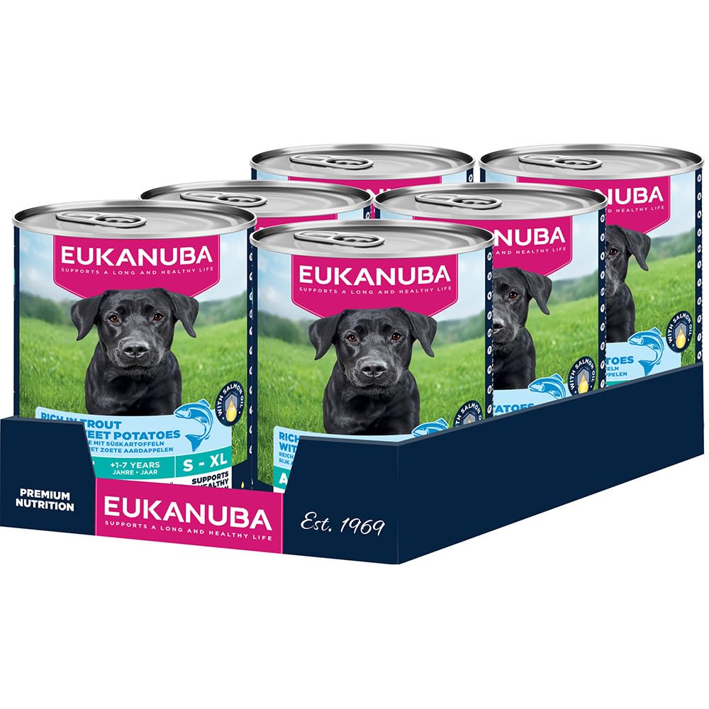 Eukanuba alimento para Perros húmedo con Trucha y Batatas, Comida húmeda Premium sin Cereales para Perros Adultos, 6 latas de 400 g
