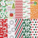 JOYIN Holiday Tissue Paper Assortment (Ten Colors), 150-Piece Set Christmas Design Solid, Holiday Holographic and Printed Gift Tissue Paper Assortment (20