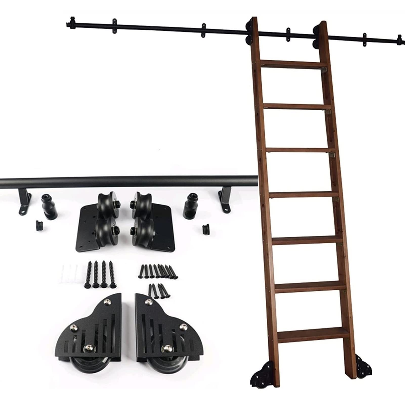 Kit di Scale scorrevoli retrattili, Kit di Scale per Biblioteca con Tubo Rotondo Nero Rustico, Kit di binari per Scale scorrevoli da fienile, Dimensioni 6,6 piedi/200 cm, rulli per Pavimenti