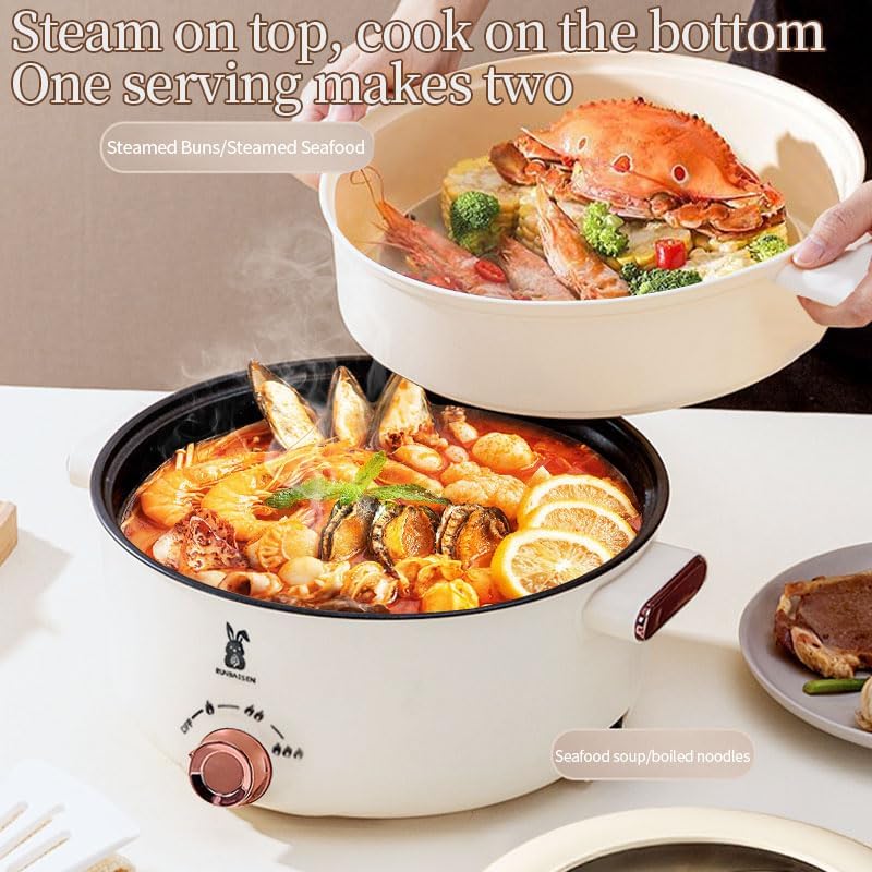 Electric Hot Pot - Multifunctional Non-Stick Electric Skillet for Ramen, Egg, Pasta, Dumpling, Soup, Porridge, Oatmeal - Portable, Compact, Easy-to-Clean (3.5L double layer-A)