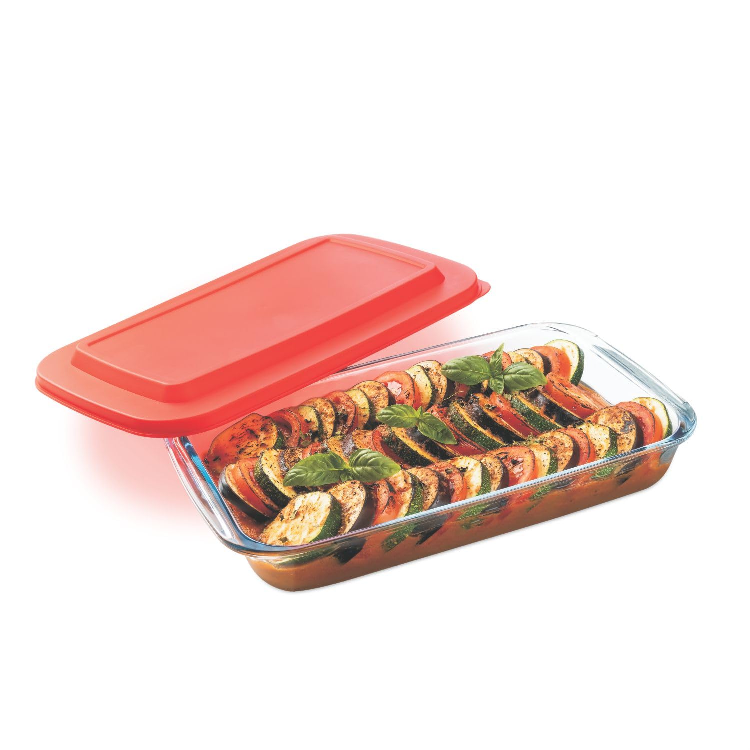 Bake 'N' Serve Borosilicate Glass Rectangle Dish With Plastic Lid | Microwave & Oven Safe | High Heat Acceptance | Thermal Shock Resistance | Baking & Serving (2200 Ml | Clear )