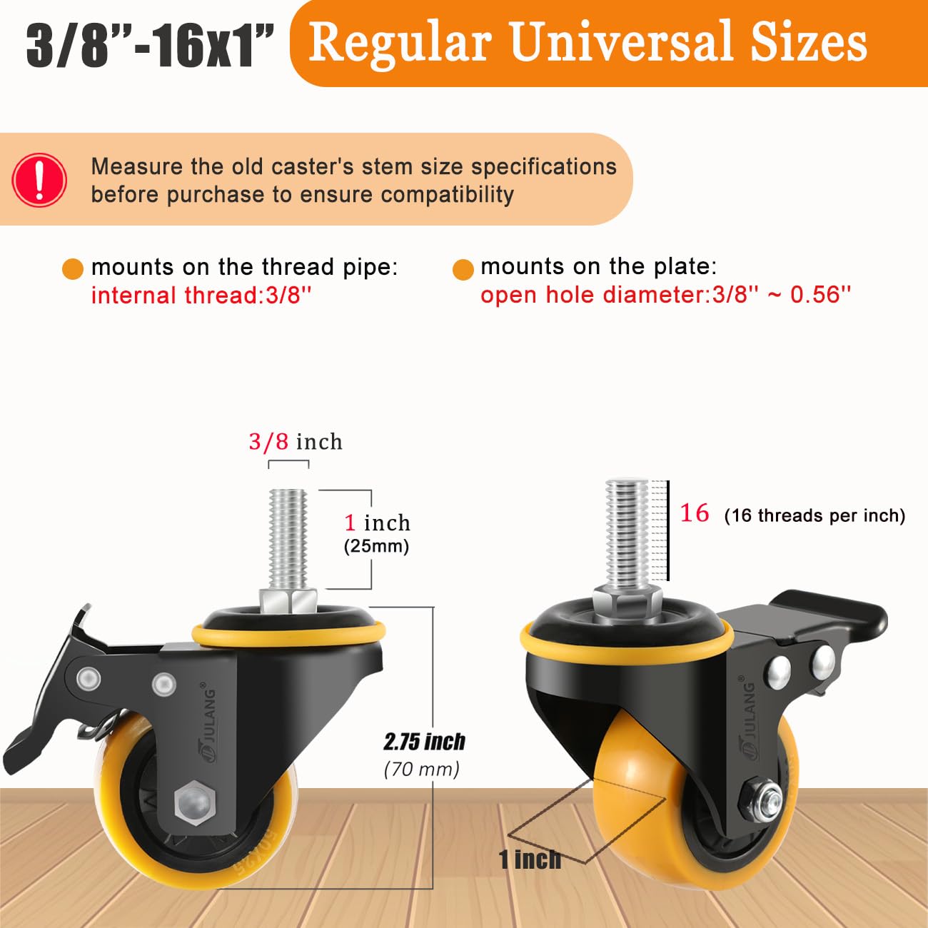 4 Stück 5,1 cm Feststellbare Räder mit 3/8 Zoll Gewindestange, Stangenmontage (UNC 3/8 Zoll - 16 x 1), 4 Stück Schwerlastrollen für Regale, Trolleys und Möbel