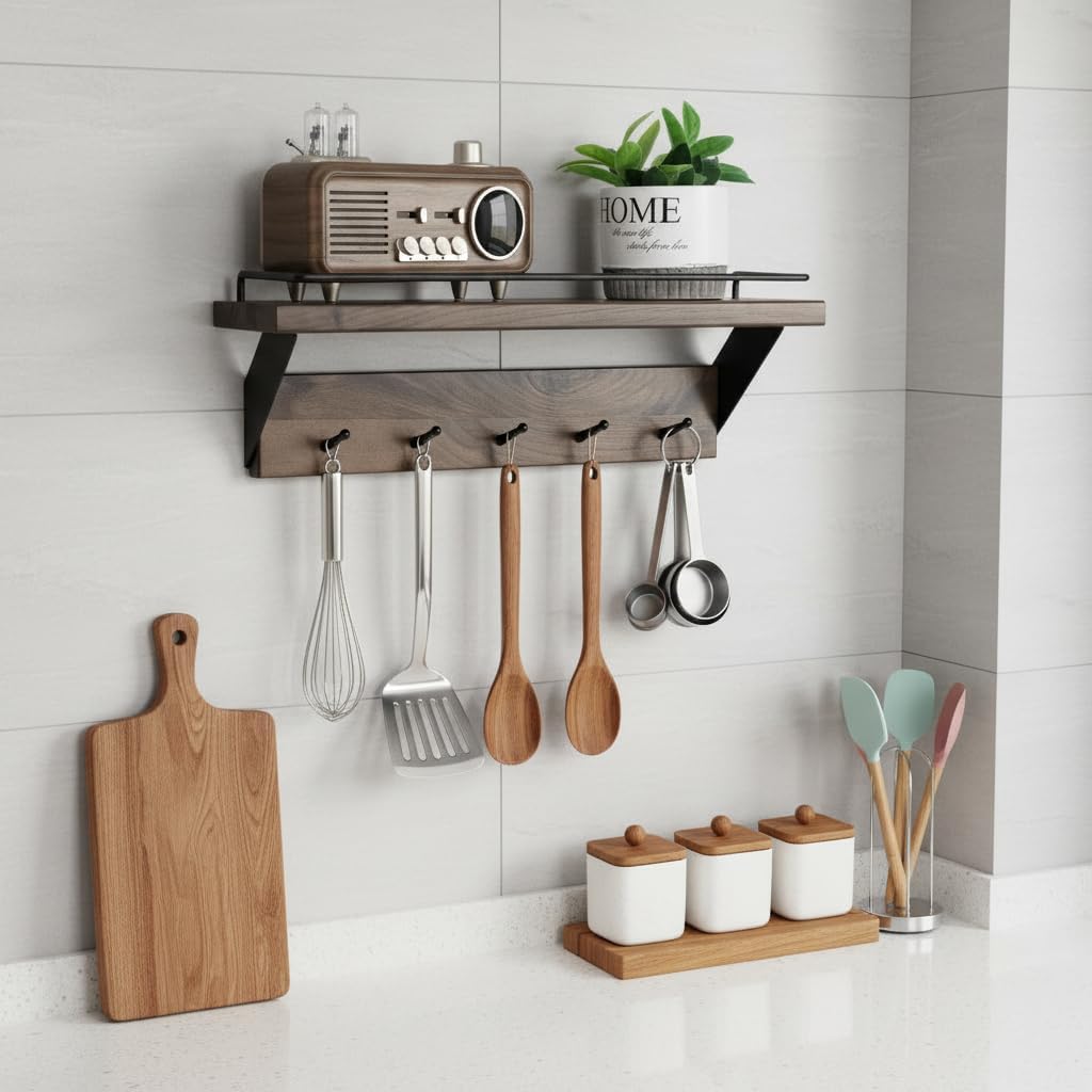 Coat Rack Wall Mount with Shelf - American Black Walnut Solid Wood, Wall Shelf with Hooks, Entryway Floating Shelves with 5 Hooks and Metal Frame for Kitchen, Living Room, Bedroom
