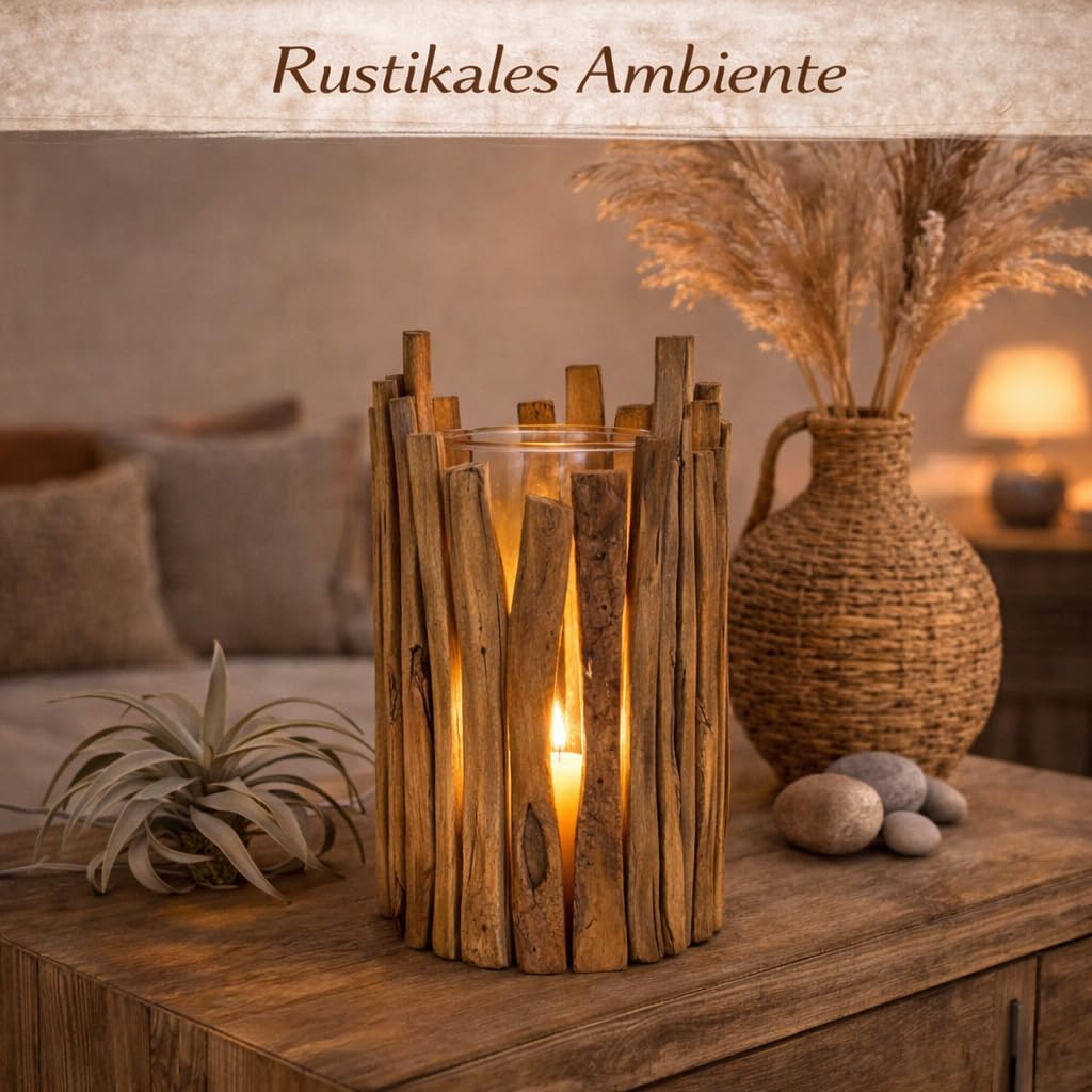 formano Windlicht Holz groß Kastanienholz Laterne 38 cm mit Glaseinsatz, rustikale Garten & Wohnzimmer Deko, massives Naturholz Teelichthalter für Terrasse, Balkon & Eingangsbereich