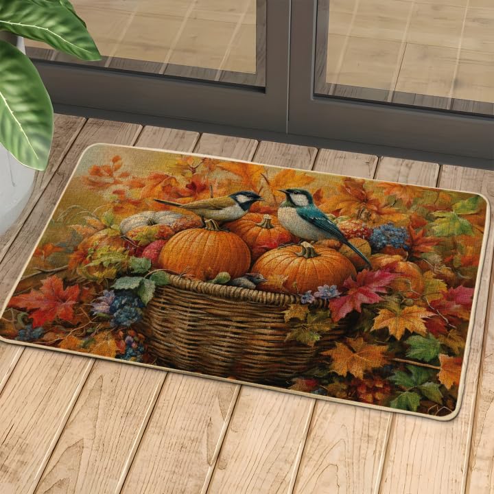 Autumn Leaf and Bird Door Mat, Orange Pumpkin Entrance Mat for Fall Decor, Non-Slip Outdoor & Indoor Welcome Mat, Easy to Clean Dust Absorbent Doormat 29x17 Inch
