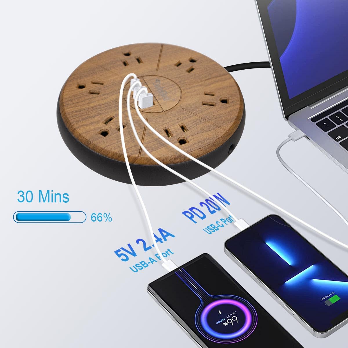 Power Strip Surge Protector 6 AC outlets with USB and USB-C PD 20W Fast Charging 15A 1875W high Power Output Widely Spaced Multi outlets Circuit Breaker Safeguard for Home,Office, Dorm Room