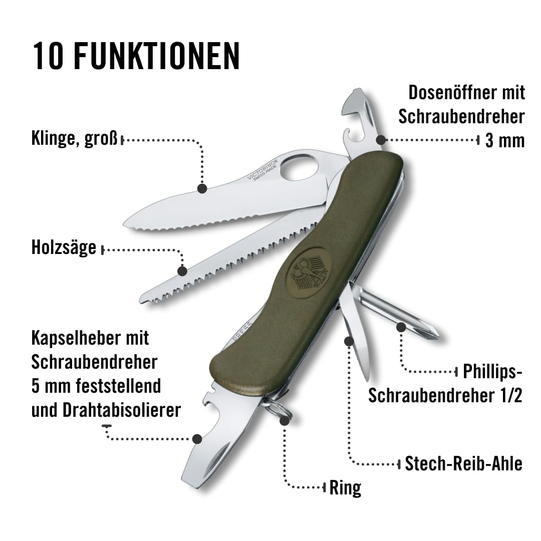 Victorinox Schweizer Taschenmesser Trailfinder, Soldatenmesser, 10 Funktionen, Multitool mit Einhandklinge, Dosenöffner, Schraubendreher, Grün