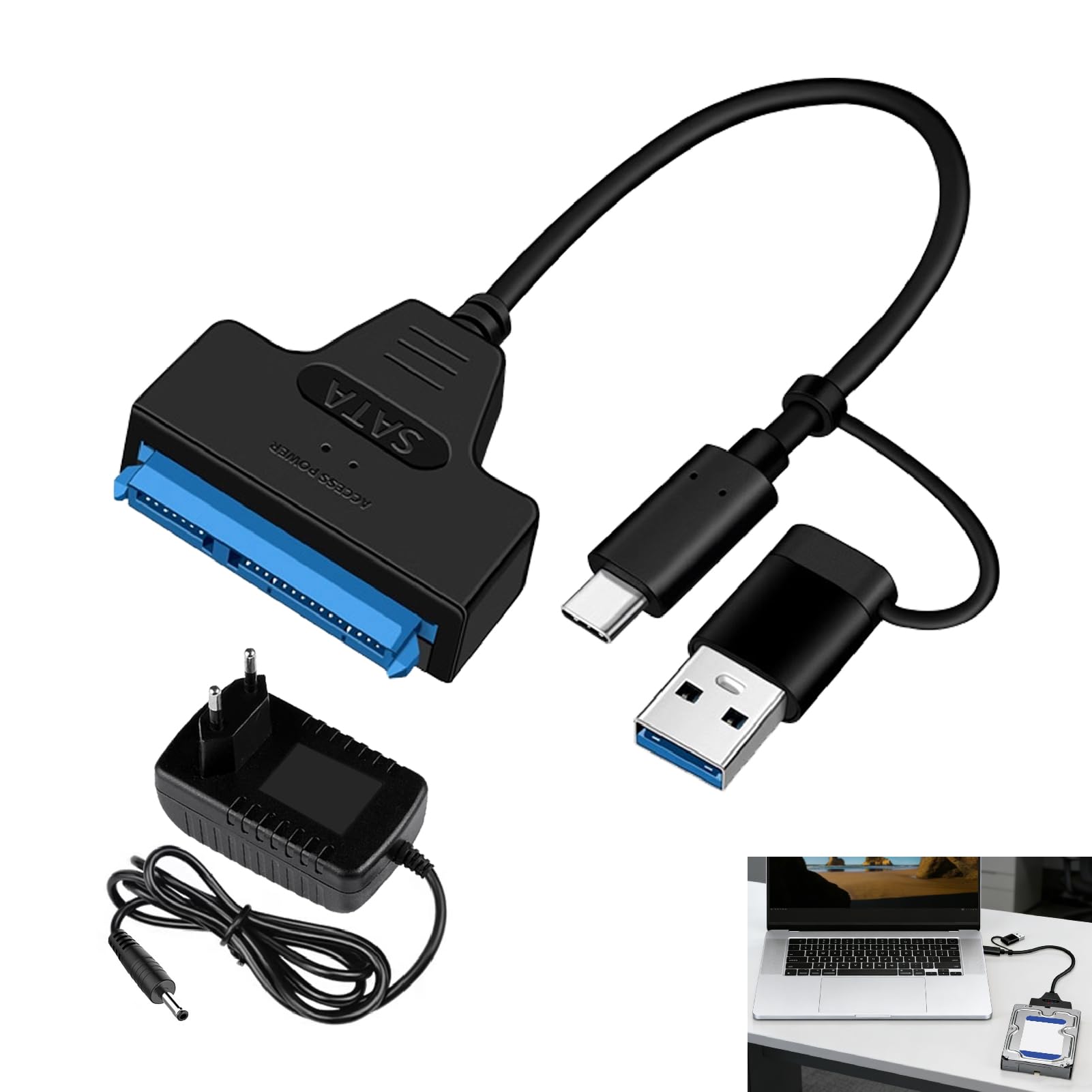 SATA USB Adapter, USB 3.0 auf SATA Adapter für 2,5 und 3,5 Zoll HDD SSD mit 12V 2A Netzteil, UASP Unterstützung bis 5 Gbit/s, Externe Verbindung für interne Laufwerke, kompatibel mit Windows Mac Linux