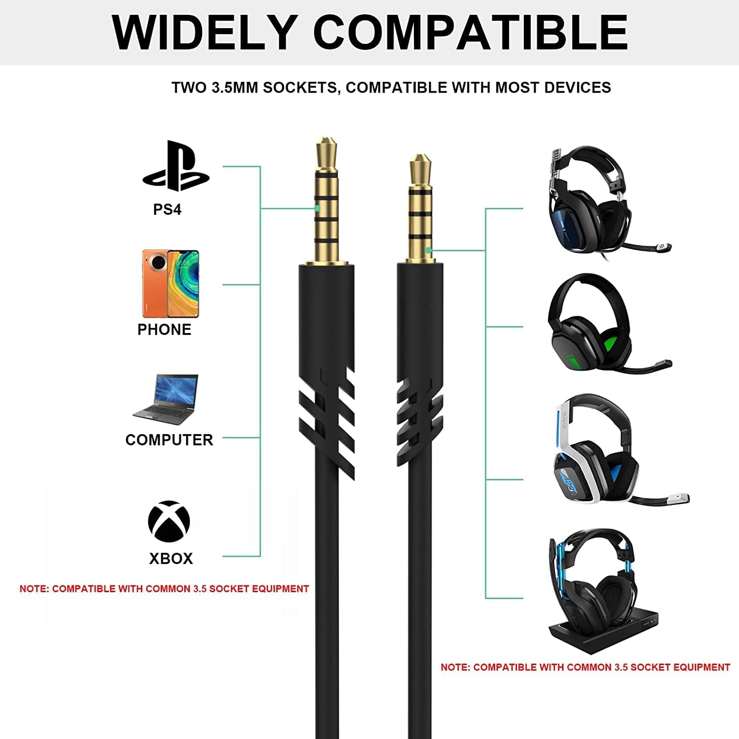 2M 6.5 Feet Replacement Headset Cable with Volume Control for Astro A10/ A30/ A40/A50, Headset Cord Lead for PS5/ PS4/ Xbox Series X&S/Xbox One - Black (Black)