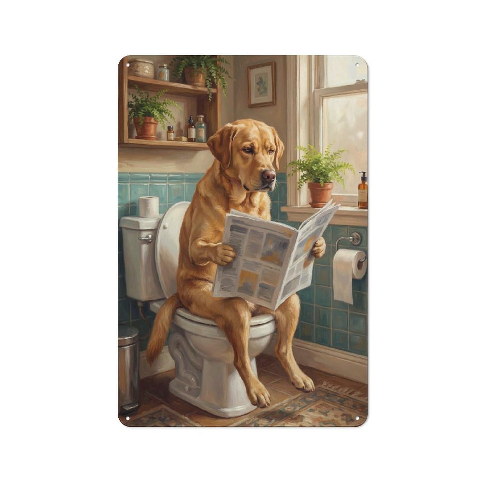 Garage Style Dog Reading Newspaper on Toilet Decorative Metal Plaque 30x20cm, Garage Wall Decor for Workshop, Basement, Shed Or Games Room