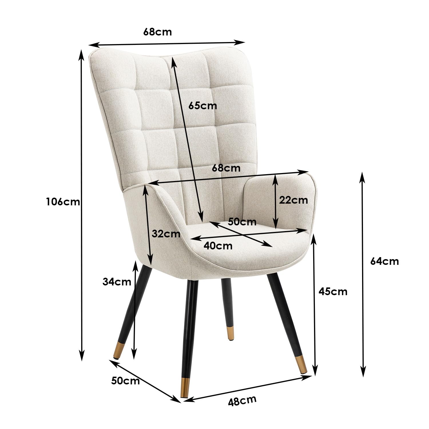 MEUBLE COSY Fotel relaksacyjny z oparciem, tapicerowana, pojedyncza sofa z pozłacanymi metalowymi nogami, fotel z uszami, do salonu, sypialni, biura, Vanity, tkanina, beżowy
