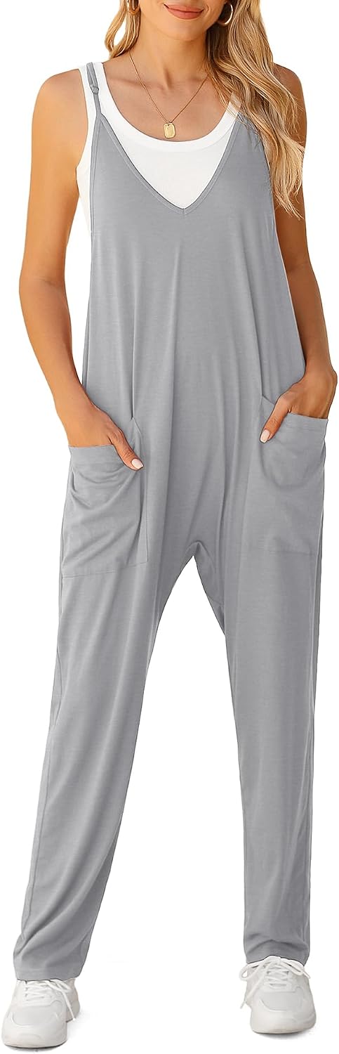 LILBETTER Women's Loose Casual V Neck Sleeveless Jumpsuits Adjustable Spaghetti Straps Long Pants Overalls With Pockets
