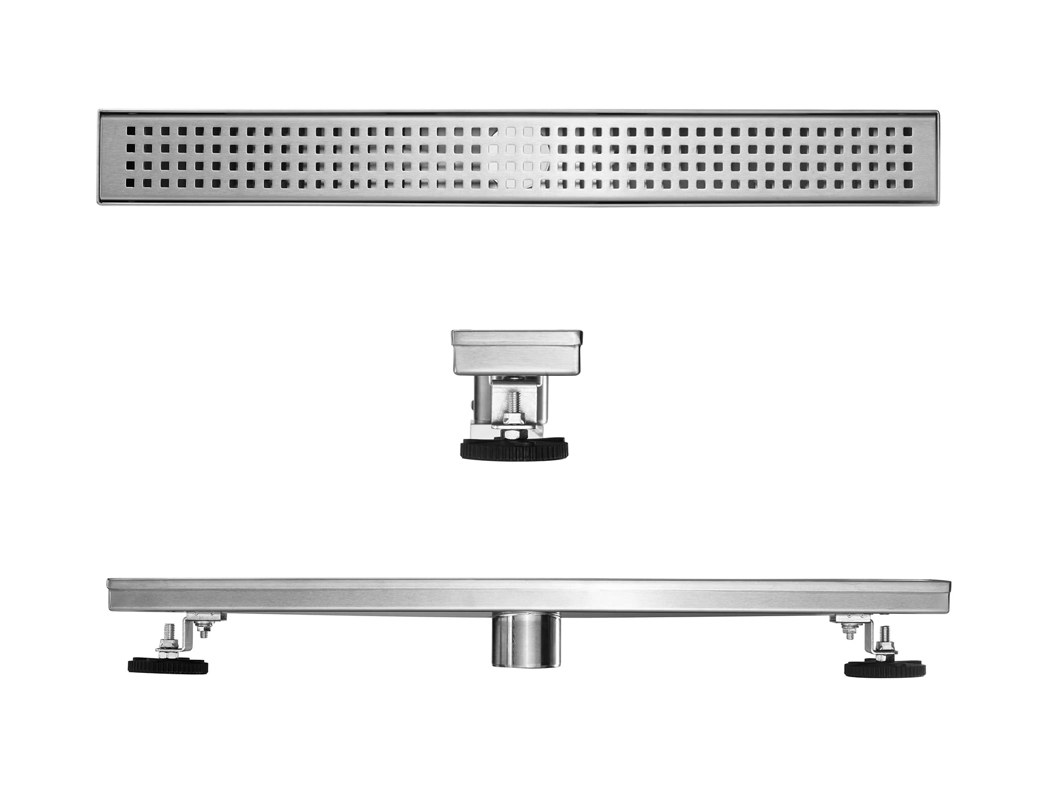 HEATGENE Liniowy odpływ prysznicowy 61 cm, prostokątny odpływ podłogowy ze stali nierdzewnej ze zdejmowaną kratką kwadratową, odpływ prysznicowy z sitkiem do włosów, szczotkowany
