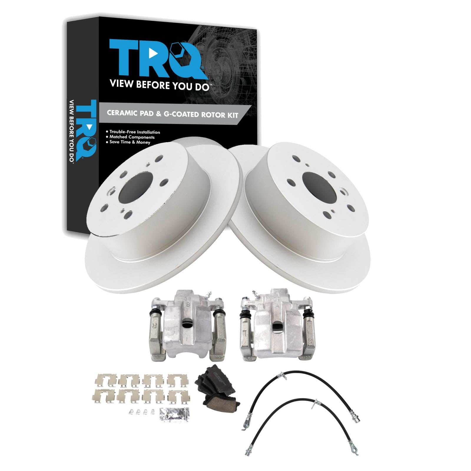 TRQ Rear Brake Pad and Rotor Set Ceramic G Coated Rotors Calipers Compatible with 2013-2015 Toyota Avalon 2012-2017 Camry