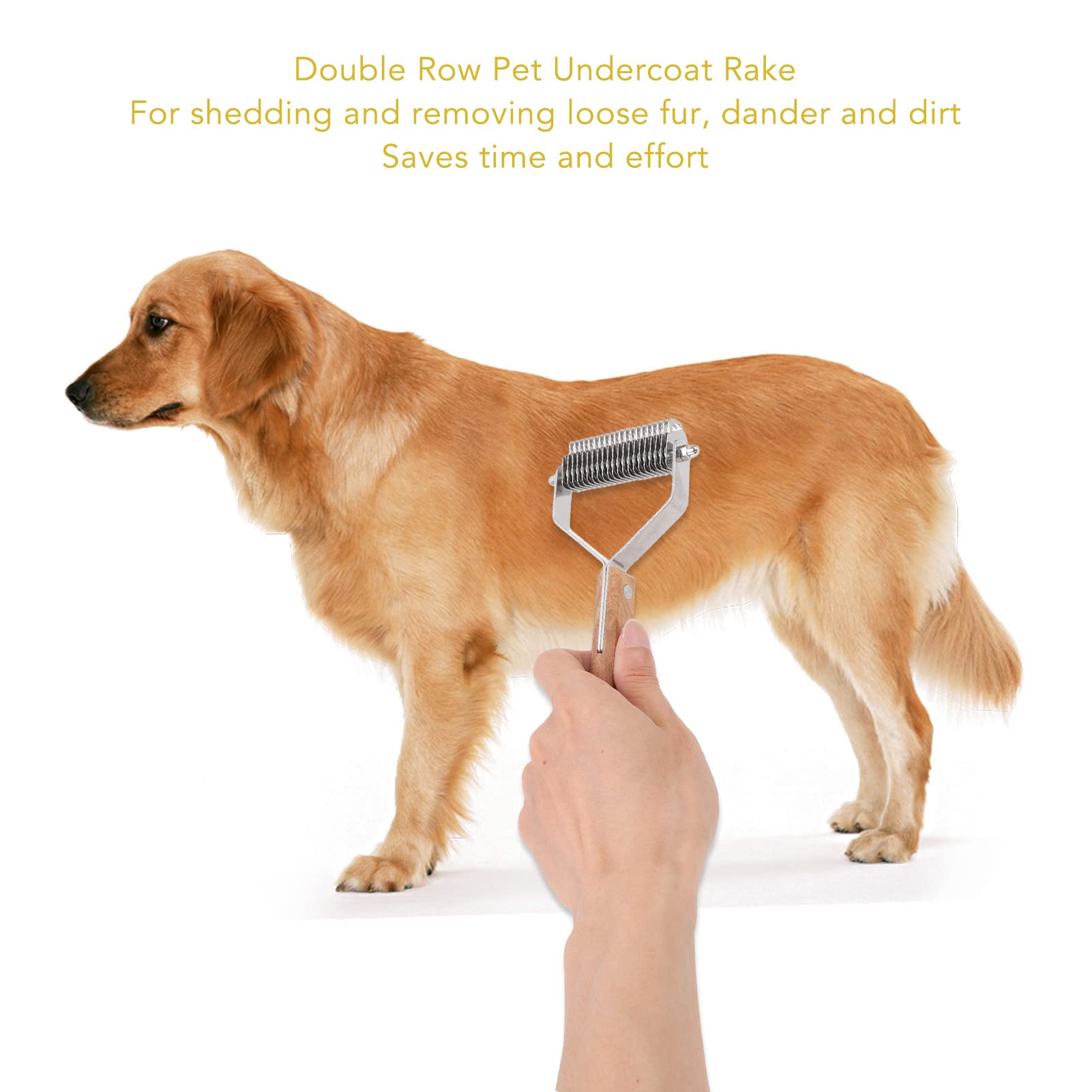 Pet Undercoat Rake, Double Dematting Comb, Pet Grooming Rake, Knots Removal Double Row Wood Handle Dog Hair Shedding Brush for Cat Puppy Grooming