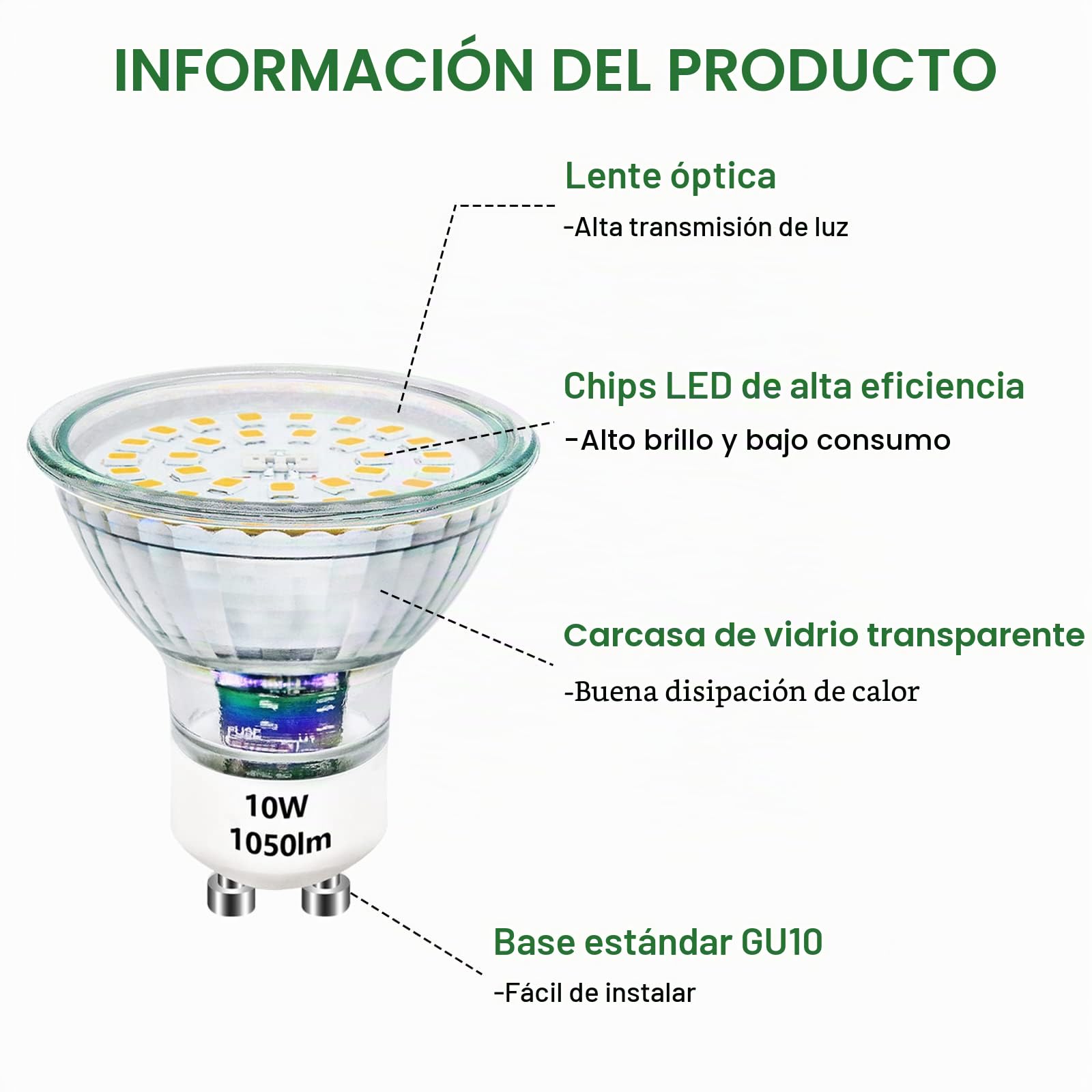 Bombillas GU10 LED Blanco Neutro 10W Regulables 4500K Reemplaza 100W Bombillas Halógenas Brillantes 1050LM Foco LED GU10 Dimmable 220V Sin Parpadeo, 10 Pack