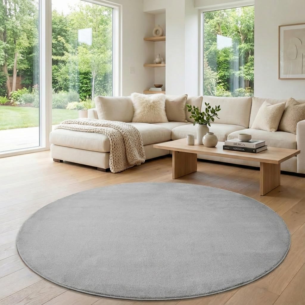 Jimri Flauschiger Teppich Läufer - Hochwertiger Kurzflor für Zuhause, Büro, Küche, Eingang, Flur, Wohnzimmer - Maschinenwaschbar - Rutschfester Teppich Waschbar - 120 cm Rund - Silber