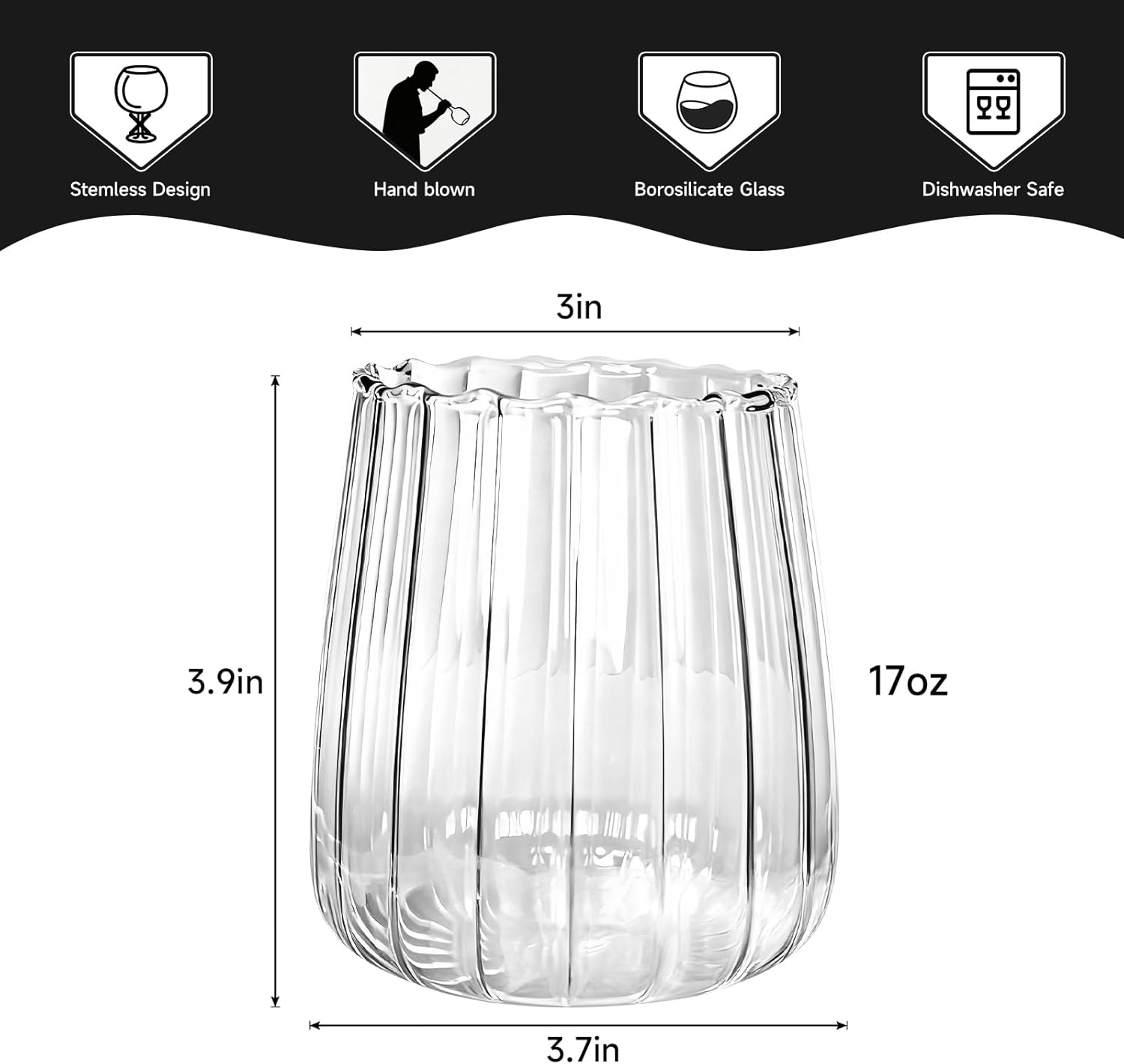 Stemless Wine Glasses Set of 4, 17oz, Hand Blown Crystal Clear Red White Wine Glasses for Daily Use, Lead-free, Dishwasher Safe, Glasses Drinking Set, Ideal for Home Bar, Parties & Gifts - Image 3