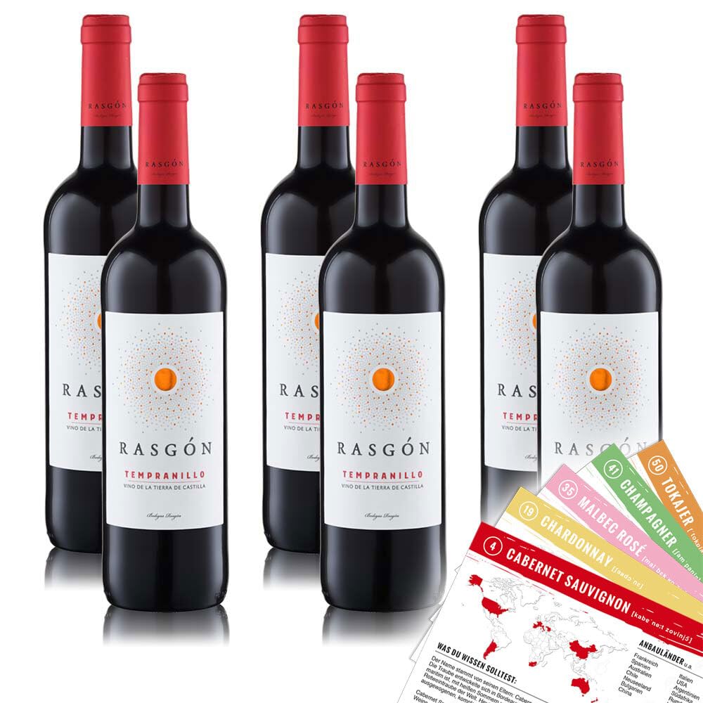 Rasgón Tempranillo, halbtrocken, sortenreines Weinpaket + VINOX Winecards (6x0,75l)