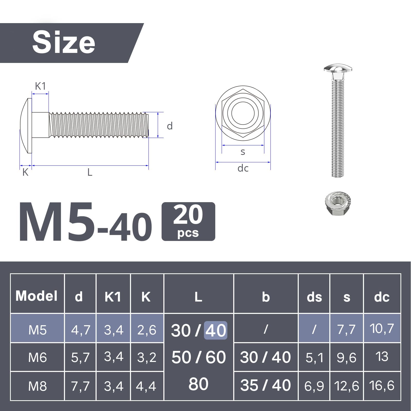 Wavanta M5 Coach Bolts, M5 x 40mm Carriage Bolts with Flange Hexagon Nuts, Zinc Plated, Carbon Steel, Coach Screws, Pack of 20 - Image 2