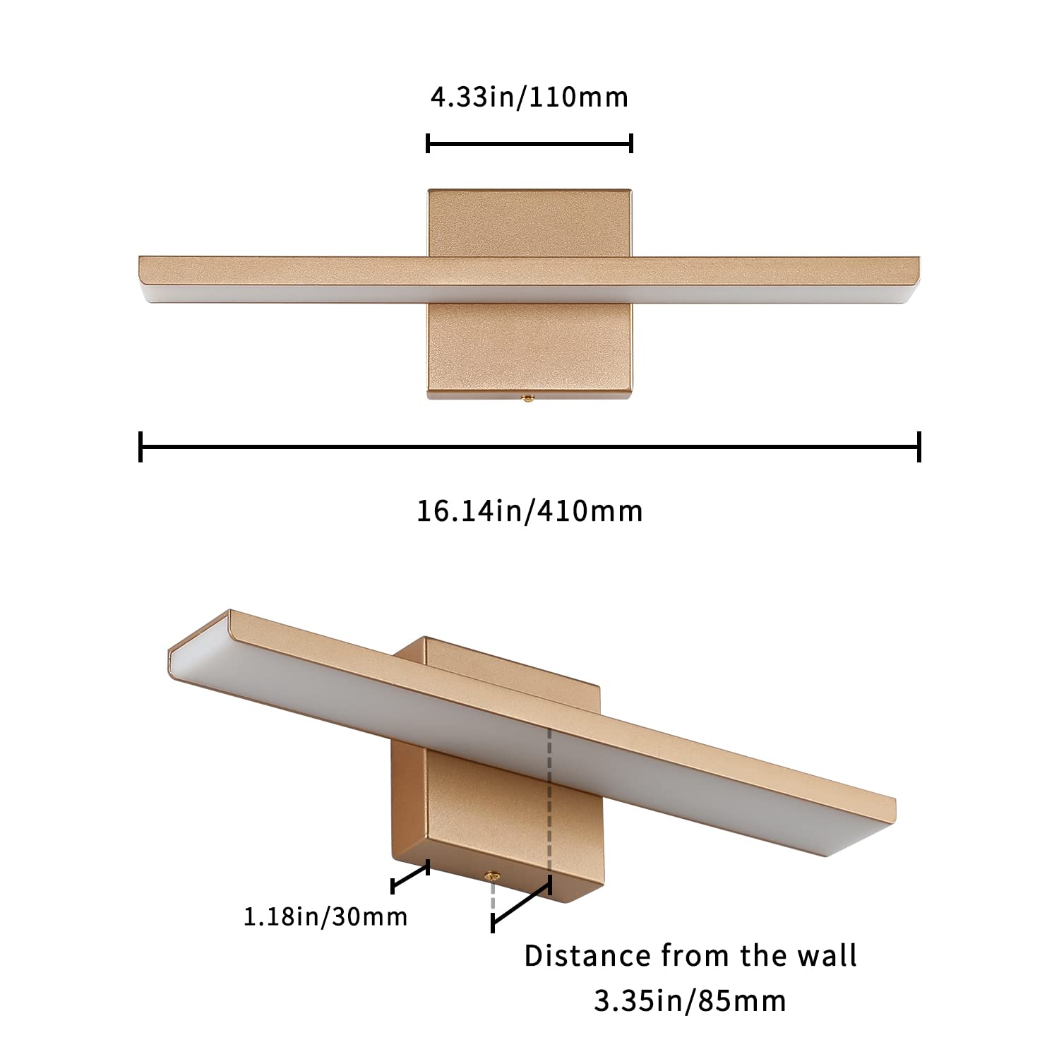 JUSHENG Vanity Lights for Bathroom 16.14'' Inch Long Gold Vanity Light Bar Lighting Bathroom Light Fixtures Over Mirror Modern LED Wall Mounted Lamp 16W 6000K Cool White