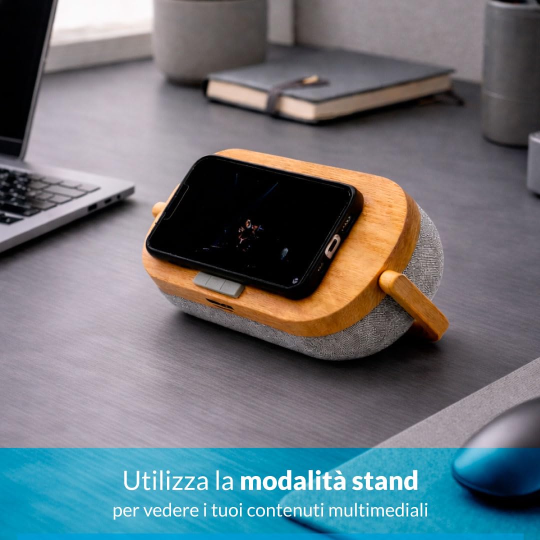 Mood Lampada Multifunzione 4 in 1 con Speaker Bluetooth 5.0, Ricarica Wireless Qi 10W, Powerbank Integrato e Lampada LED Dimmerabile Touch, Supporto Smartphone USB-C (Rovere)