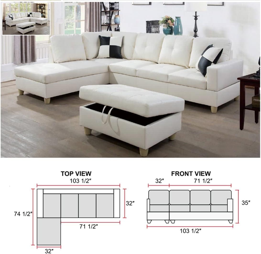 A Ainehome 3 PCS Living Room Set, Sectional Sofa Set, L-Shape Couch in Home, with Storage Ottoman and Matching Pillows (Cream White,Left Hand Facing)