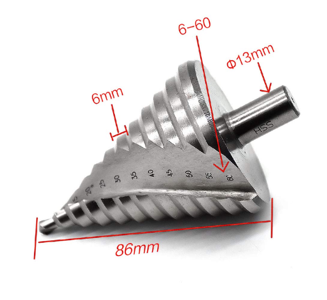 Mengshen Forstner 6-60mm Step Drill Bits Spiral Groove 12 Steps Sizes, Large HSS Cobalt Cone Drilling Tool Hole Cutting, Enlarge, Metal Sheet, PVC Sheet Woodworking, Triangle Handle
