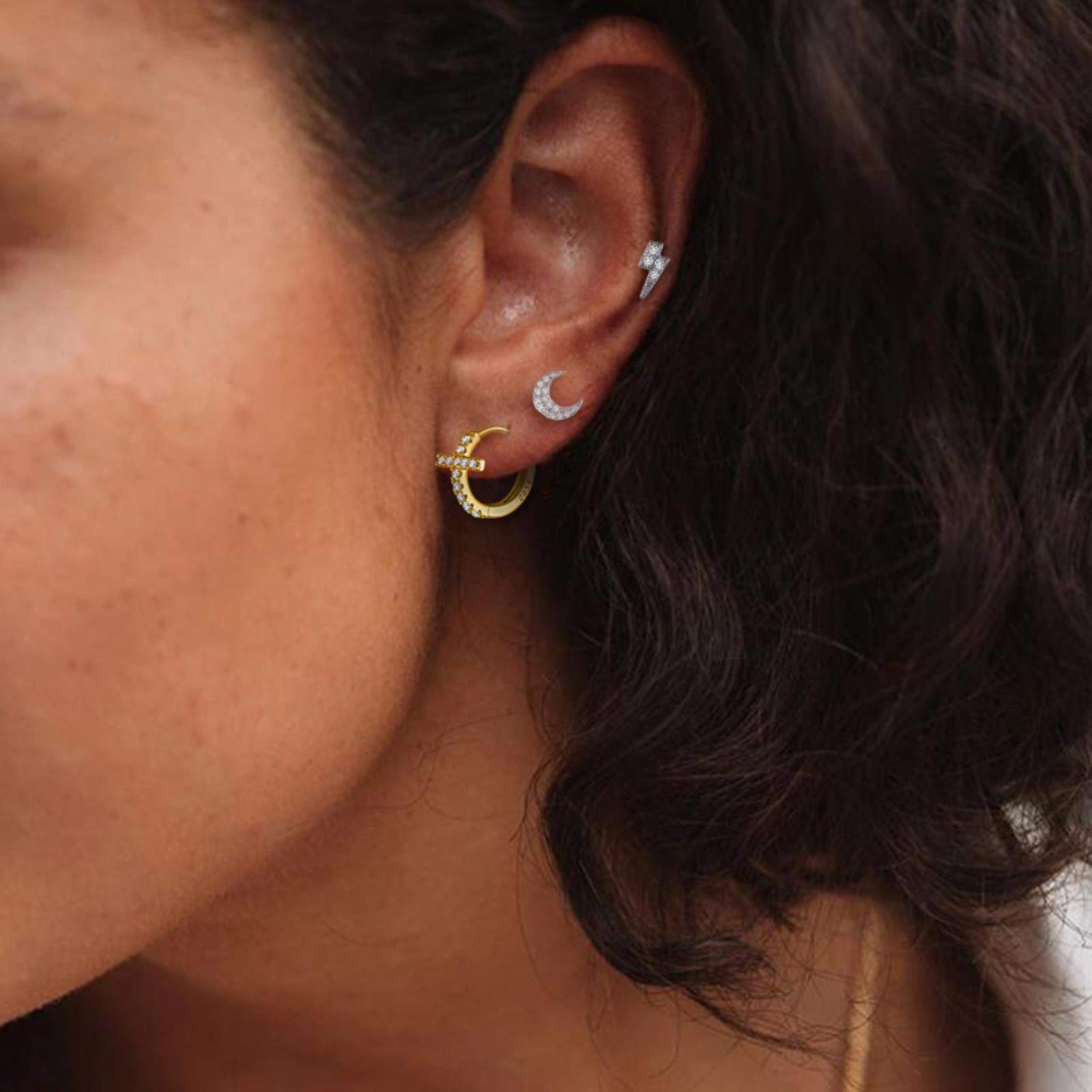 SALAN Orecchini A Luna In Argento 925 Con Zircone: Mini Orecchini A Bottone Per Donna, Regalo Elegante