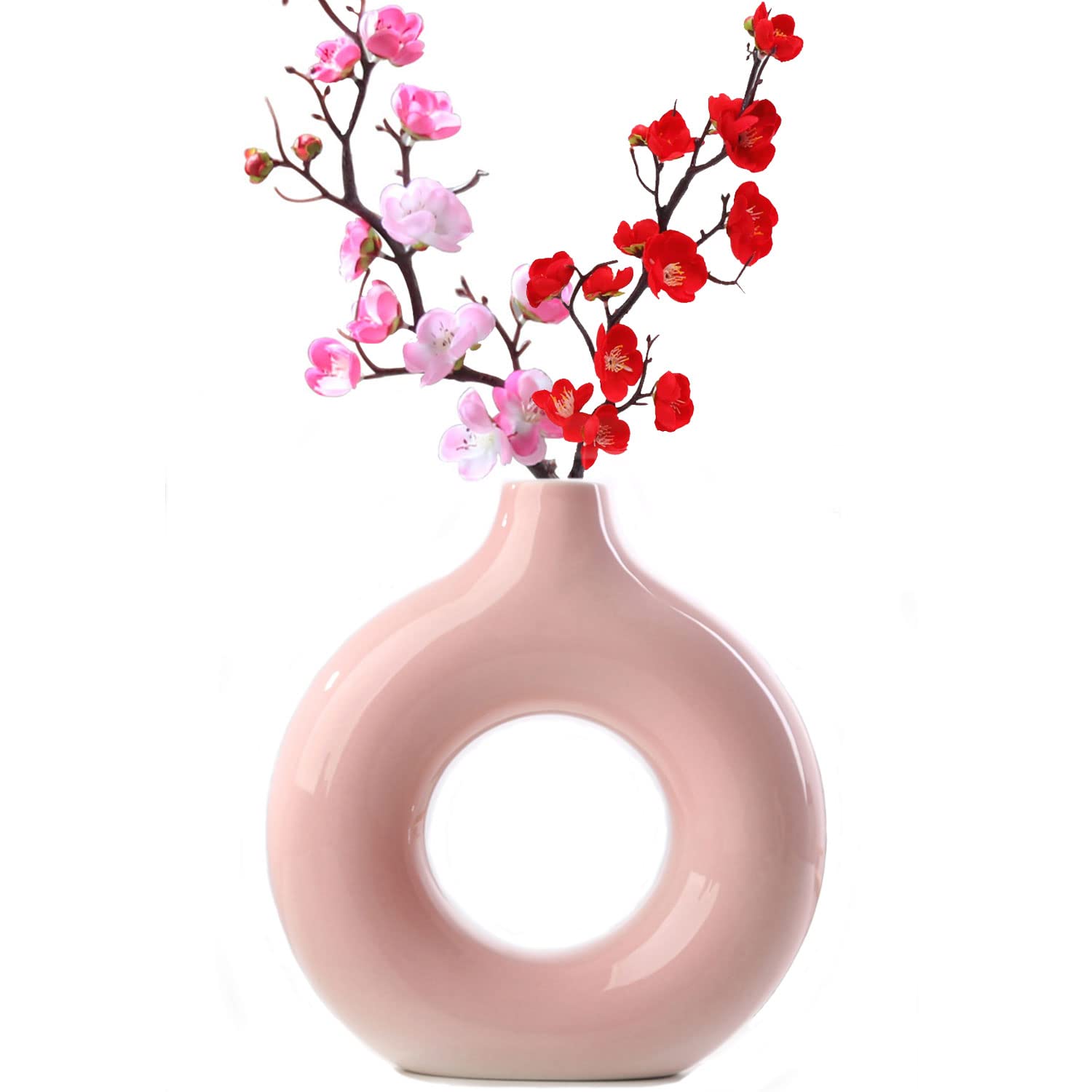 Modern Circle Ceramic Vase,Nordic Circular Matte ​Hollow Donut Flower Vases Decorative Minimalist Art Boho Style for Home Living Room Office Kitchen Table Decor (Small, Pink)