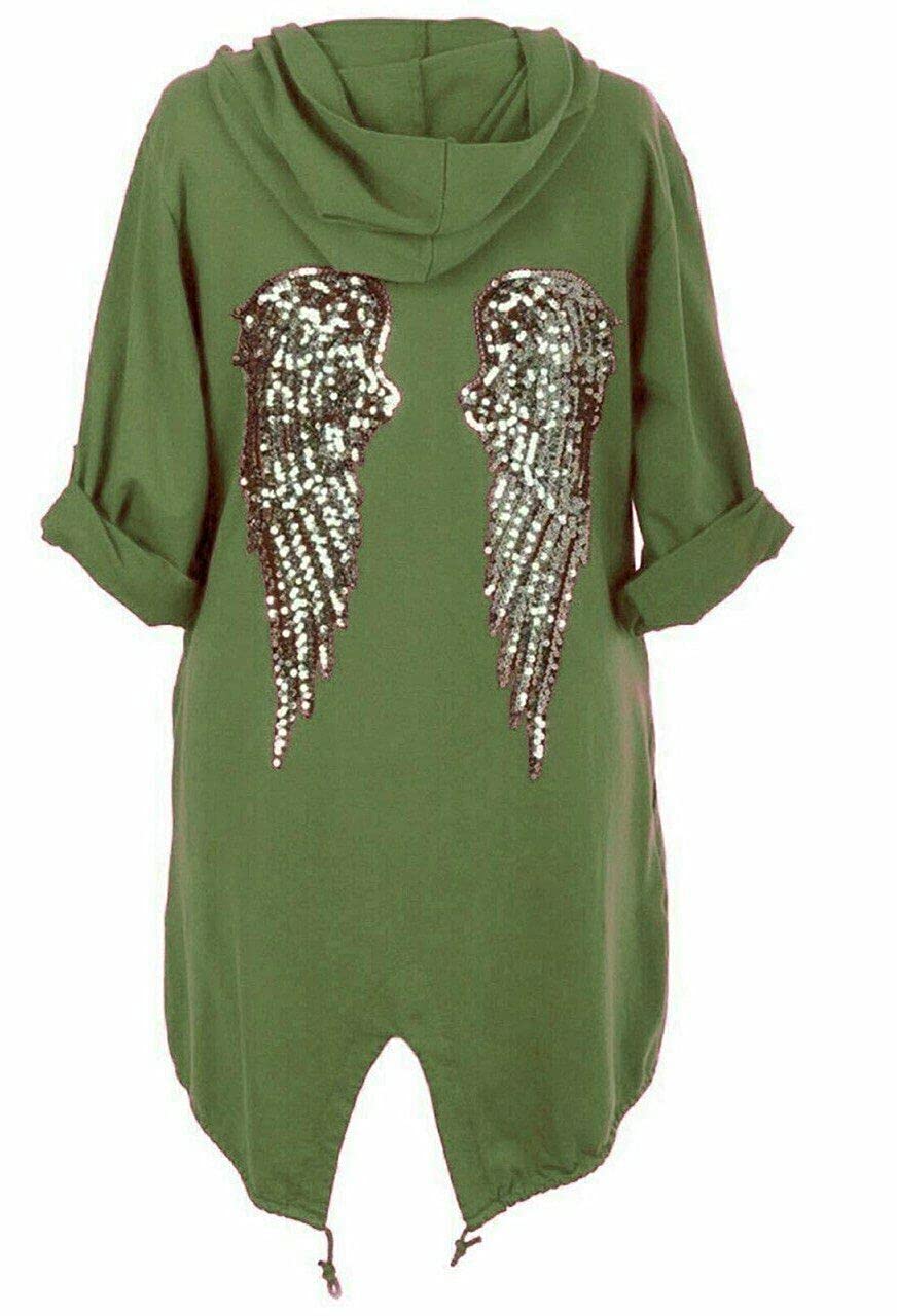 Fairy Trendz Ltd Women's Khaki Sequin Angel Wings Back Baggy Oversized Hoodie Cardigan Jacket Sweatshirt Top( One Size)