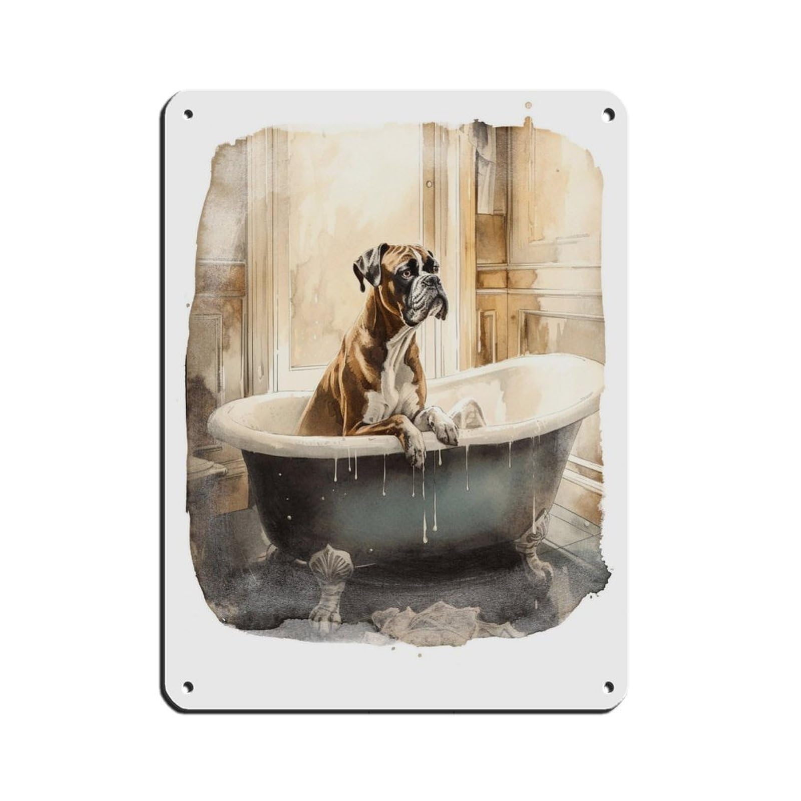 Boxer Dog in Bath, Bathroom Art Retro Poster Metal Tin Sign Chic Art Retro Iron Painting Bar People Cave Cafe Family Garage Poster Wall Decoration 12x16inch(30x40cm)