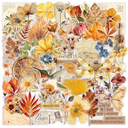 Image of 50PCS Transparent Flora Scrapbook Stickers, Flower-G | Vintage Aesthetic Flowers, Vinyl Waterproof, For Scrapbooks Travel Journal, For Water Bottles Laptop Phone