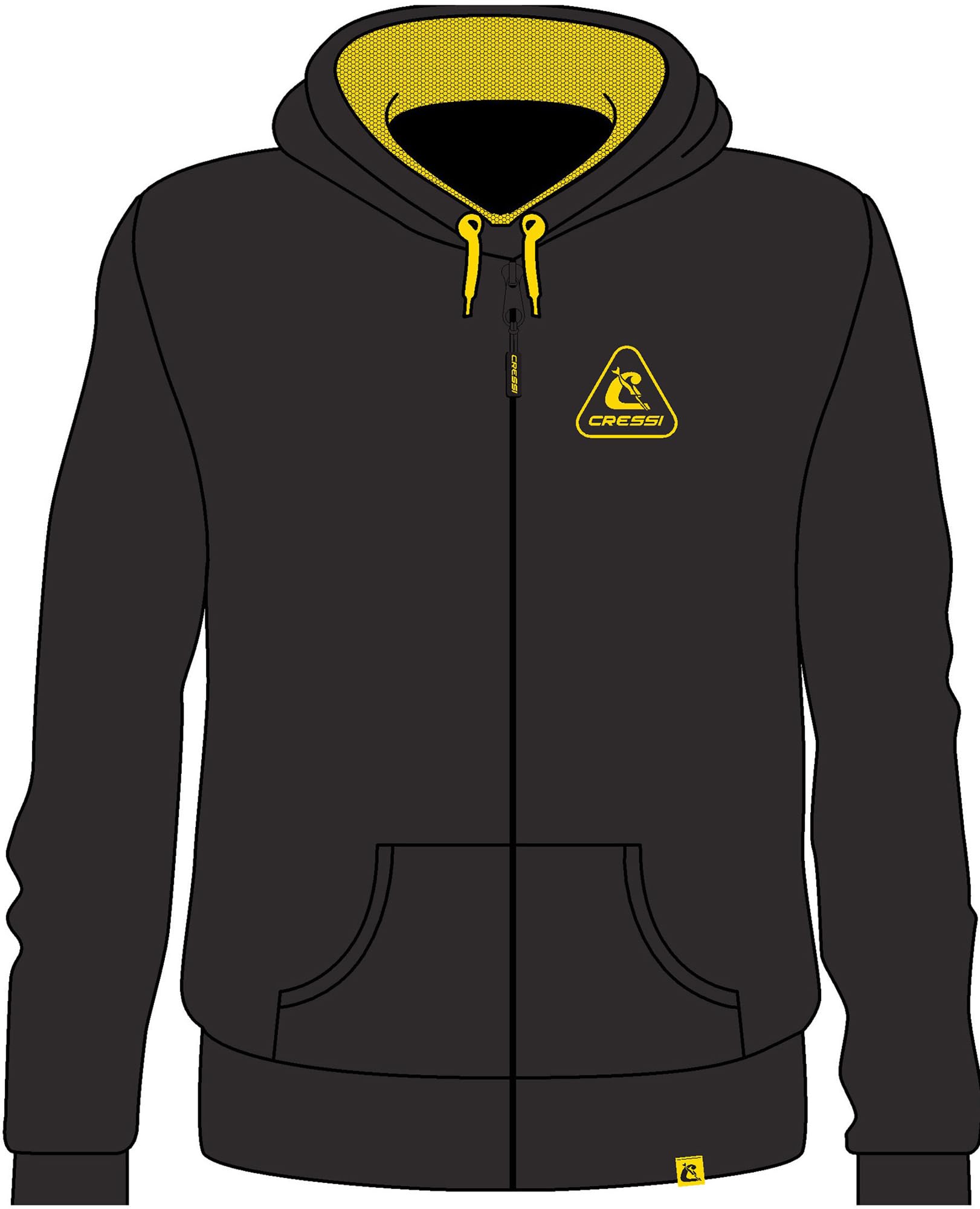 Cressi Hoodie Unisex W/Zip Black/Yellow S - Sports Sweatshirt with Long Sleeves, Drawstring Hood, 2 Pockets, Front Zipper, Embroidery Logo, Black/Yellow, S, Unisex